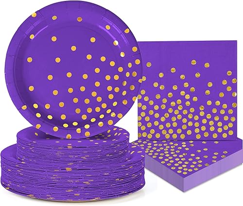CENLBJ Platos de papel y servilletas de oro morado para fiestas, platos desechables de 50 x 9 pulgadas, platos de postre de 50 x 7 y servilletas de