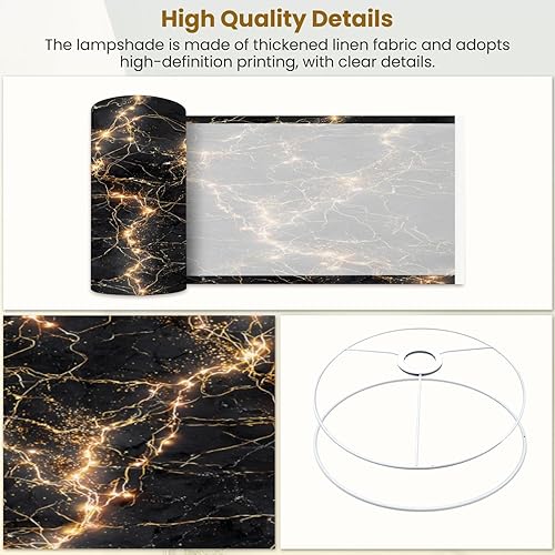Miniatura 4 de Drum Lamp Shades Black Gold Marble Contact Paper Vinyl Neon Lines Golden Sparks Lampshade for Floor Lamps Table Lamp Pendant Light Linen 13"x13"x10"