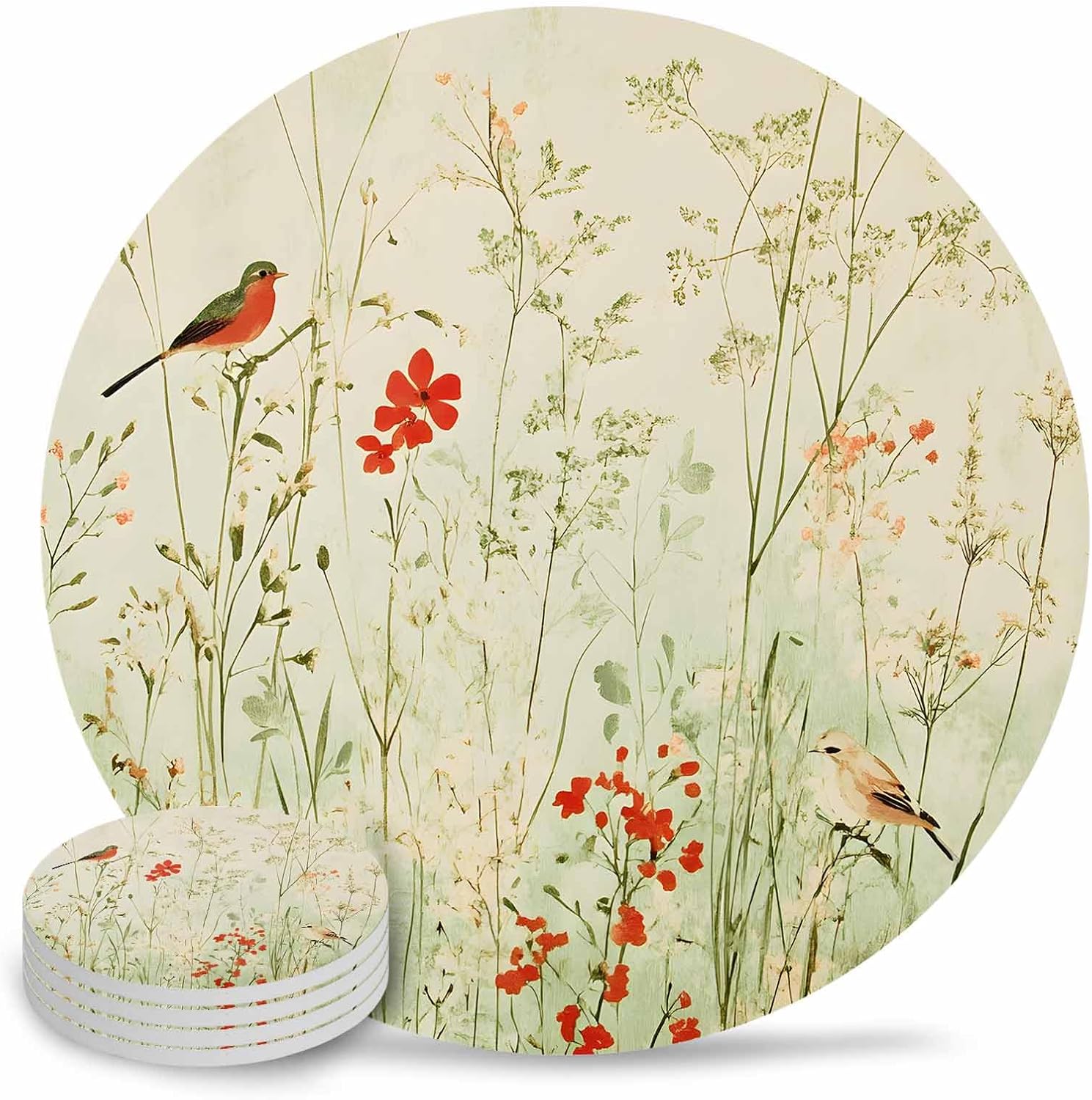 陶製コースター 円形 田園 春 赤い花 鳥 葉 水墨 吸水 4枚セット 直径10.3cm×厚さ0.6cm 速乾 杯垫 滑り止め 耐熱