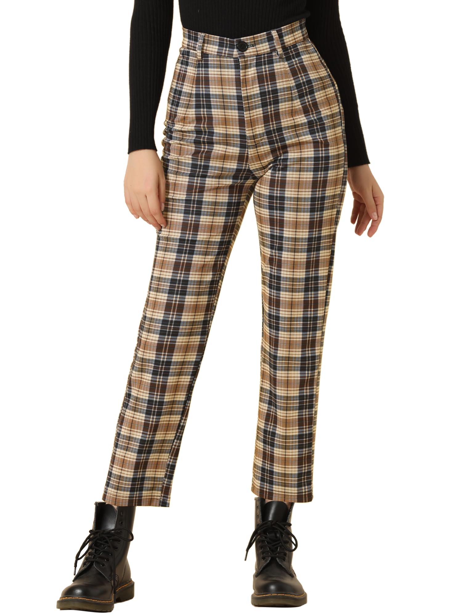 Photo 1 of Allegra K Women's Plaid Pants High Waisted Vintage Tartan Checkered Cropped Casual Work Pants Small Dark Brown