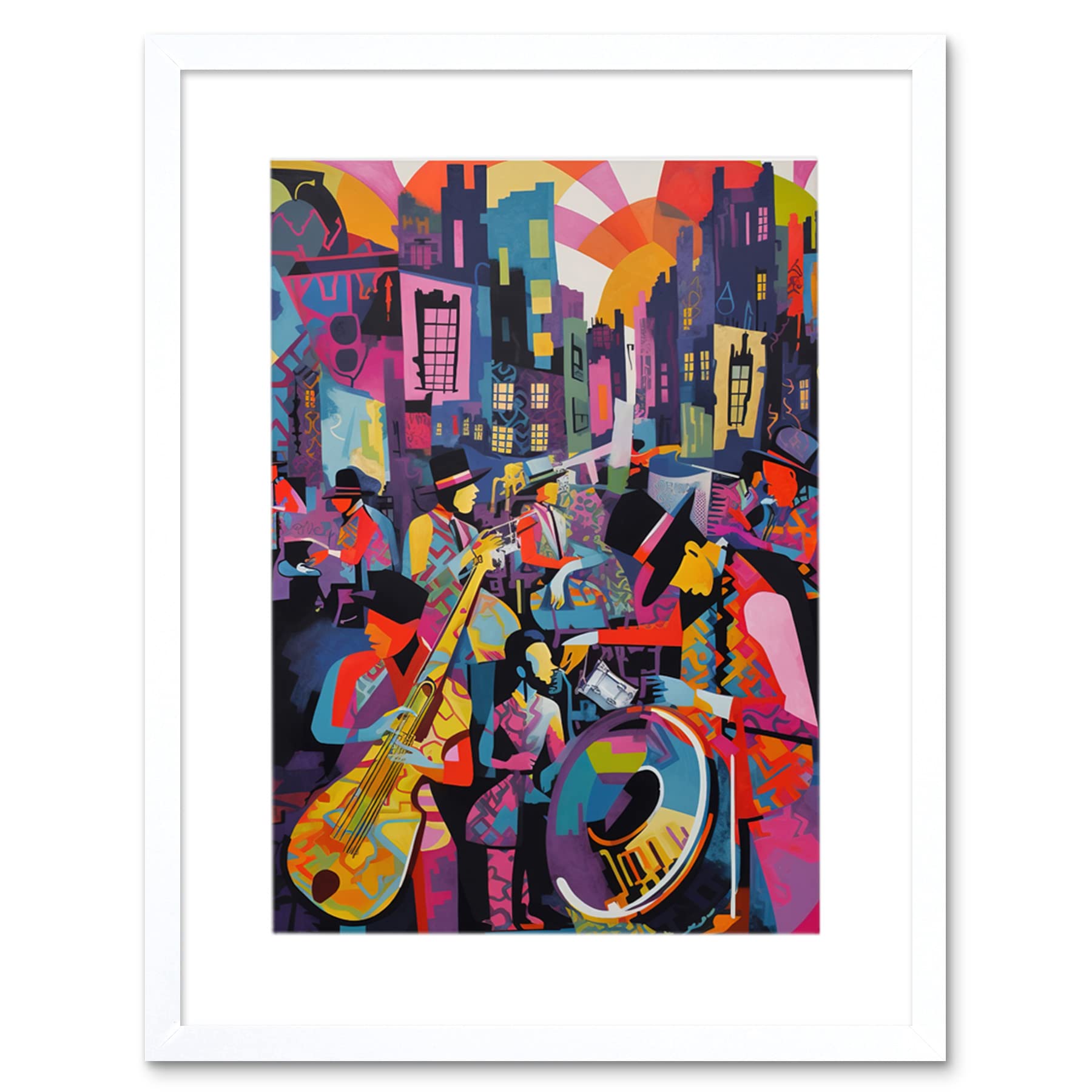 Artery8 New Orleans Jazz Festival Street Musicians Playing Music City at Sunset Abstract Modern Painting Artwork Framed Wall Art Print 12X16 Inch