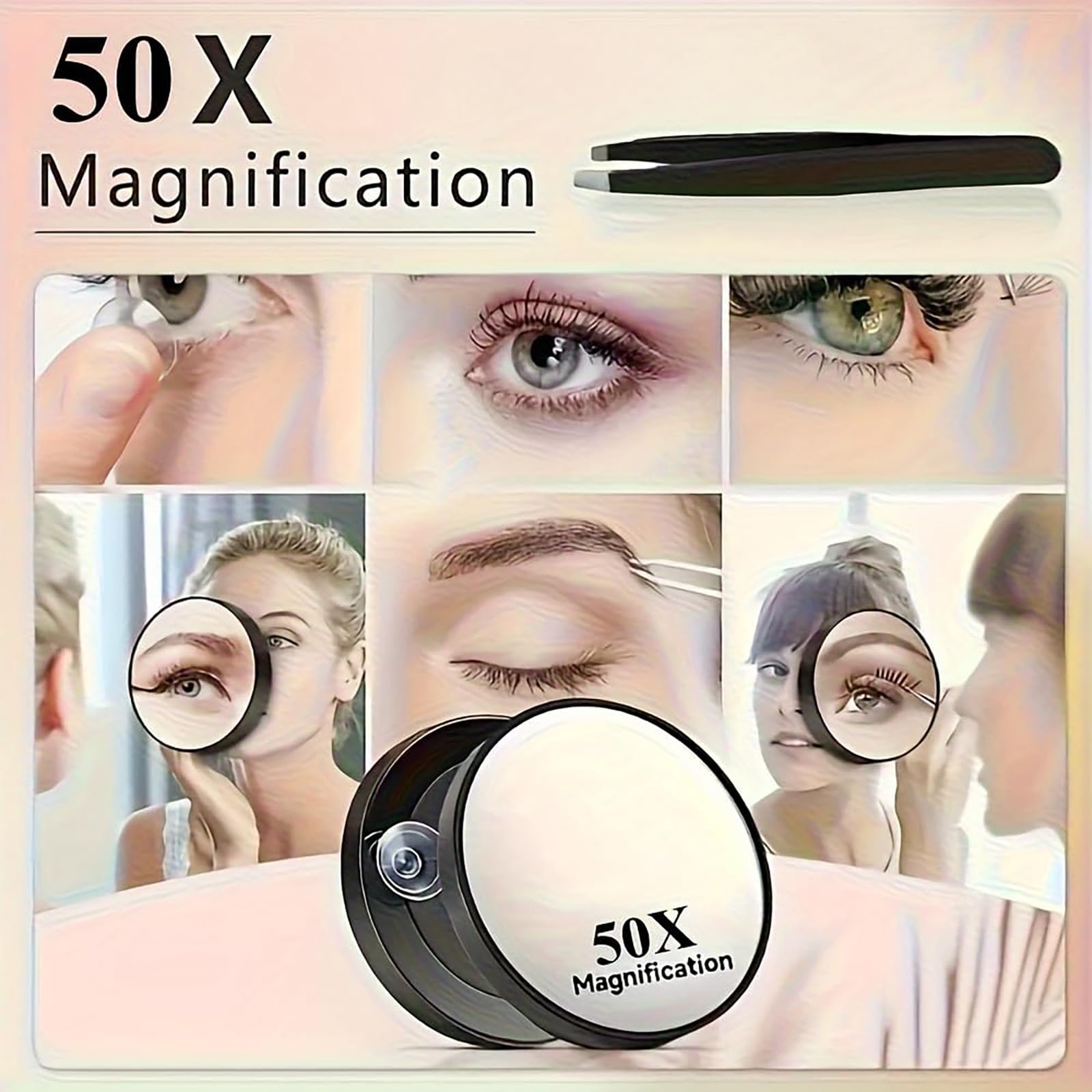 Buildcon 50X Magnifying Mirror, 8.8 * 8.8 * 2 CM Makeup Mirror with Precision Tweezers, Round Portable Mirror for Eyebrow Plucking, Blackhead Removal, Travel Grooming 3