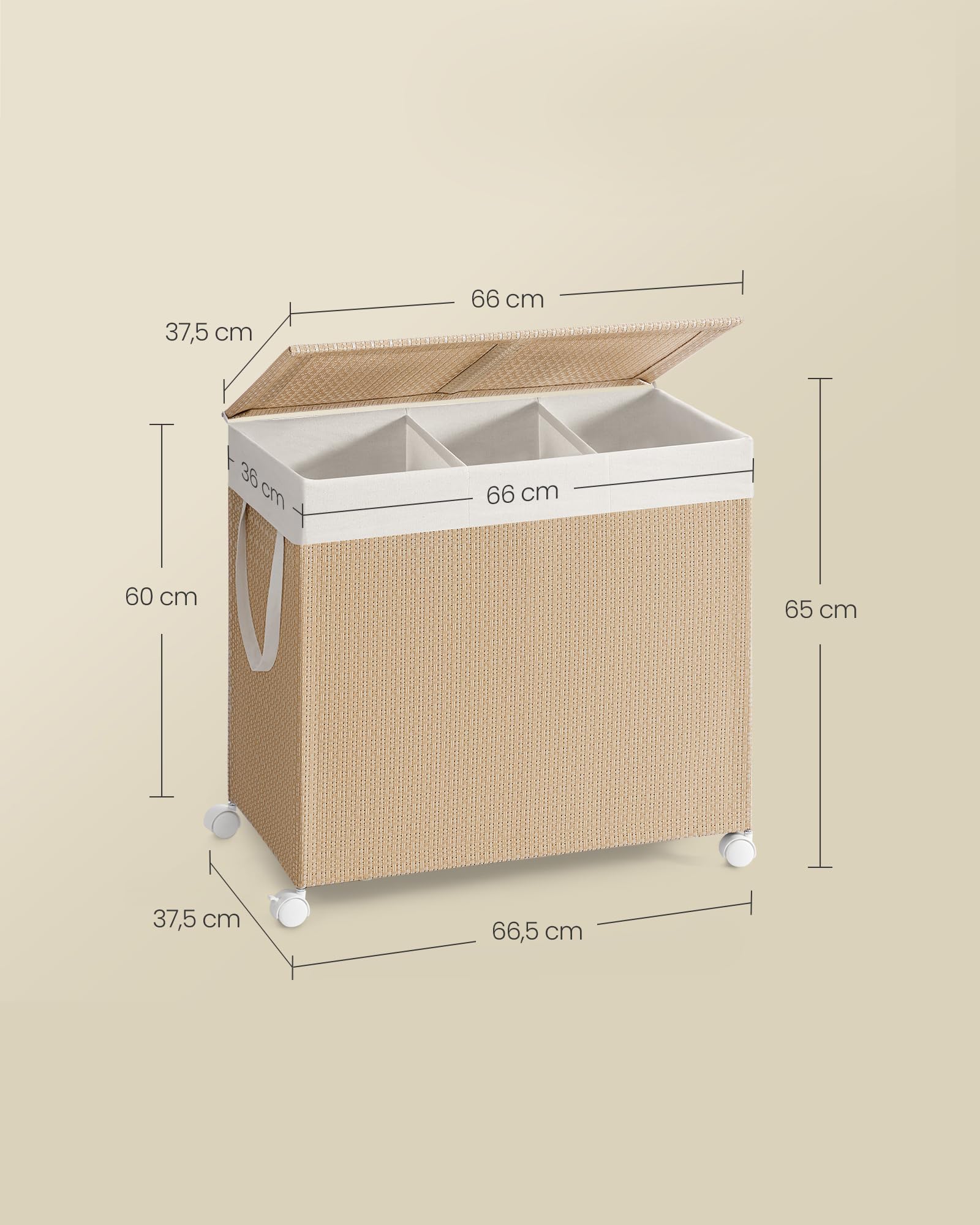 SONGMICS HOME 3-komorowy kosz na pranie, 140 l, rolowany sorter na pranie, z pokrywką, worek na pranie z uchwytami, do pralni i łazienki, naturalny beż i matowa biel LCB602N01