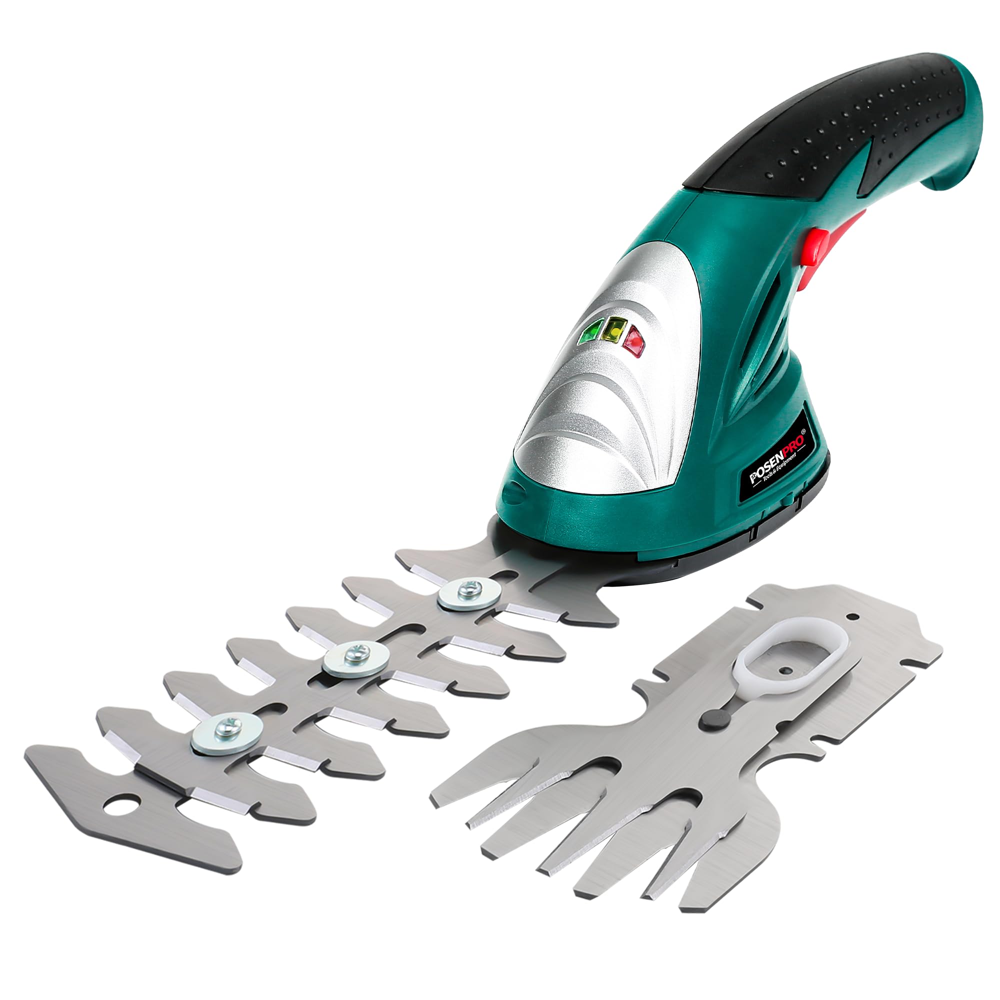 POSENPRO 7,2 V 2-in-1 Akku-Heckenschere & Rasentrimmer – Kabellose Hand-Strauchschere mit integrierter Lithium-Ionen-Batterie, Schnittbreite 100mm für Rasen und 200mm für Sträucher