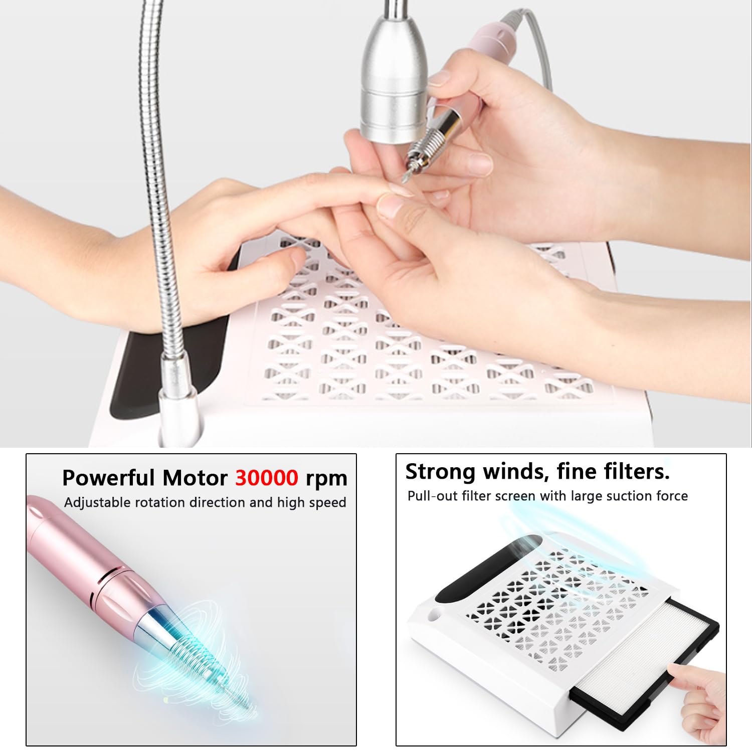 Elektrischer Nagelfräser, Professionell 4-in-1 Manikure- Pedikure-Set, mit 80W Absaugung & waschbarem Filter – 30.000 RPM Profi Nagelknipser mit LED-Lampe, für Pediküre & Maniküre