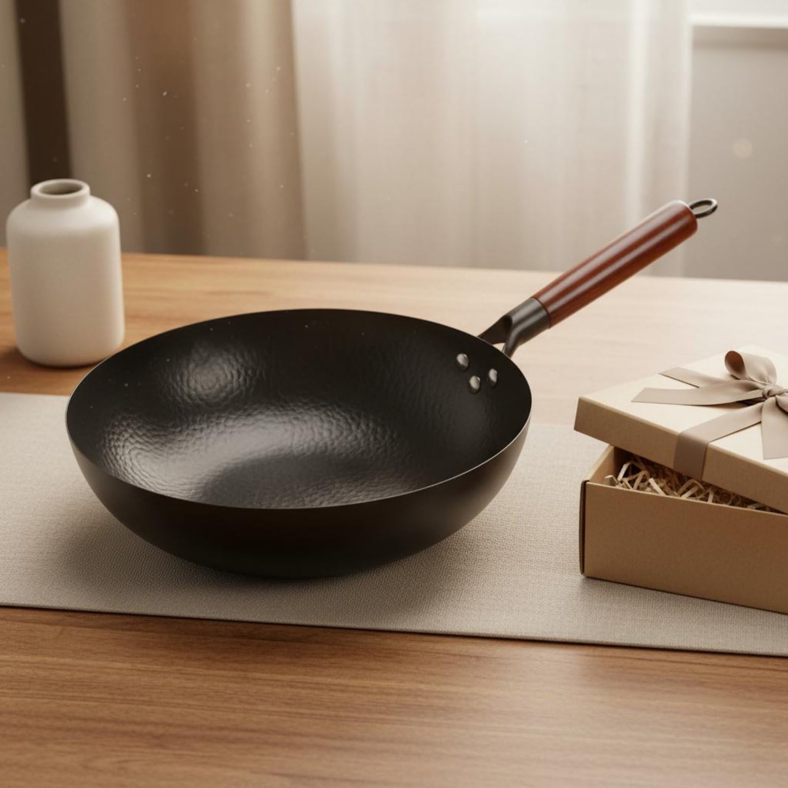 Wok de Hierro Forjado a Mano Sartén de Hierro Sartenes para Saltear Sartén Plana sin Recubrimiento Material Puro y Libre, Wok Tradicional Forjado De Hierro De 32cm Sin Tapa
