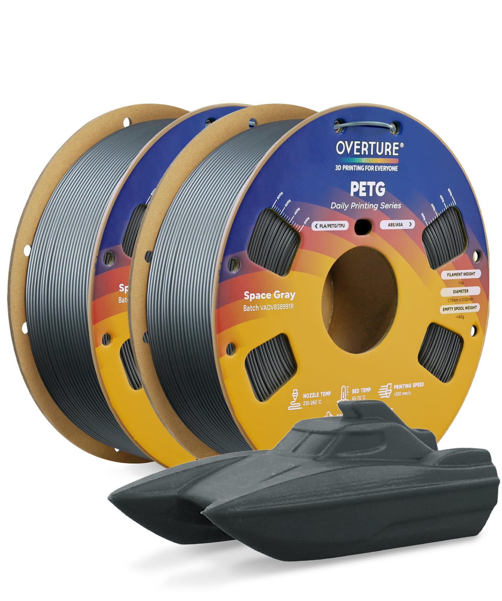 OVERTURE Filamento PETG 1.75mm, 2kg Bobina(4.4lbs), Neatly Wound Rapido PETG Filament per Stampante 3D, Precisione Dimensionale +/- 0.02 mm, 3D Printer Filamento (Grigio Spaziale 1kg*2)