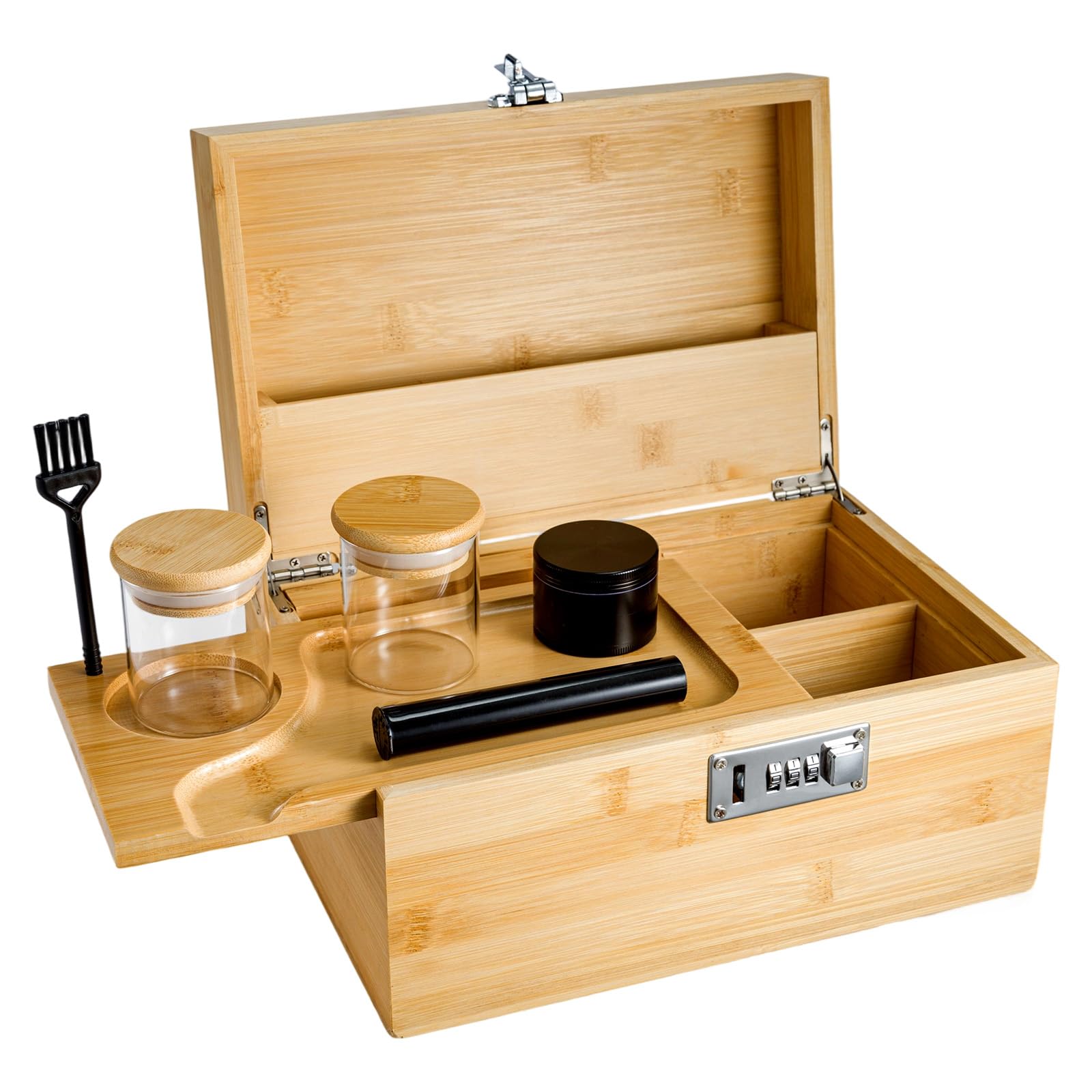 Bamboo Storage Box with Removable Divider Smell Proof Box with Combination Lock Bamboo Bathroom Storage Shelf for Jewelry, Tea, Spices, or Valuables - Includes Accessory Trays(Beige)
