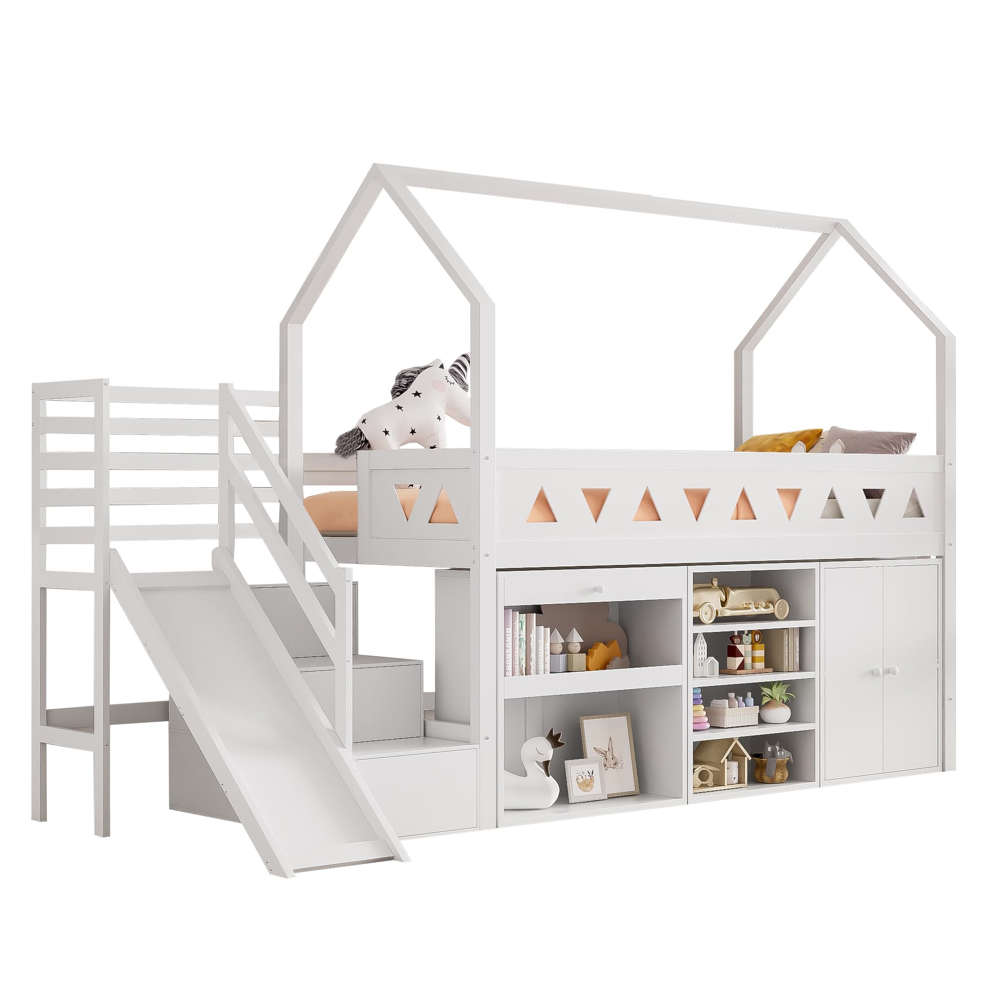 Merax Kinderbett Hochbett 90x200 cm, mit Treppe Staufach Stauraum,Rutsche,Schreibtisch,Schließfach,Platzsparendes Kinder Einzelbett mit Lattenrost und Rausfallschutz,Ohne Matratze,weiß,90 * 200cm