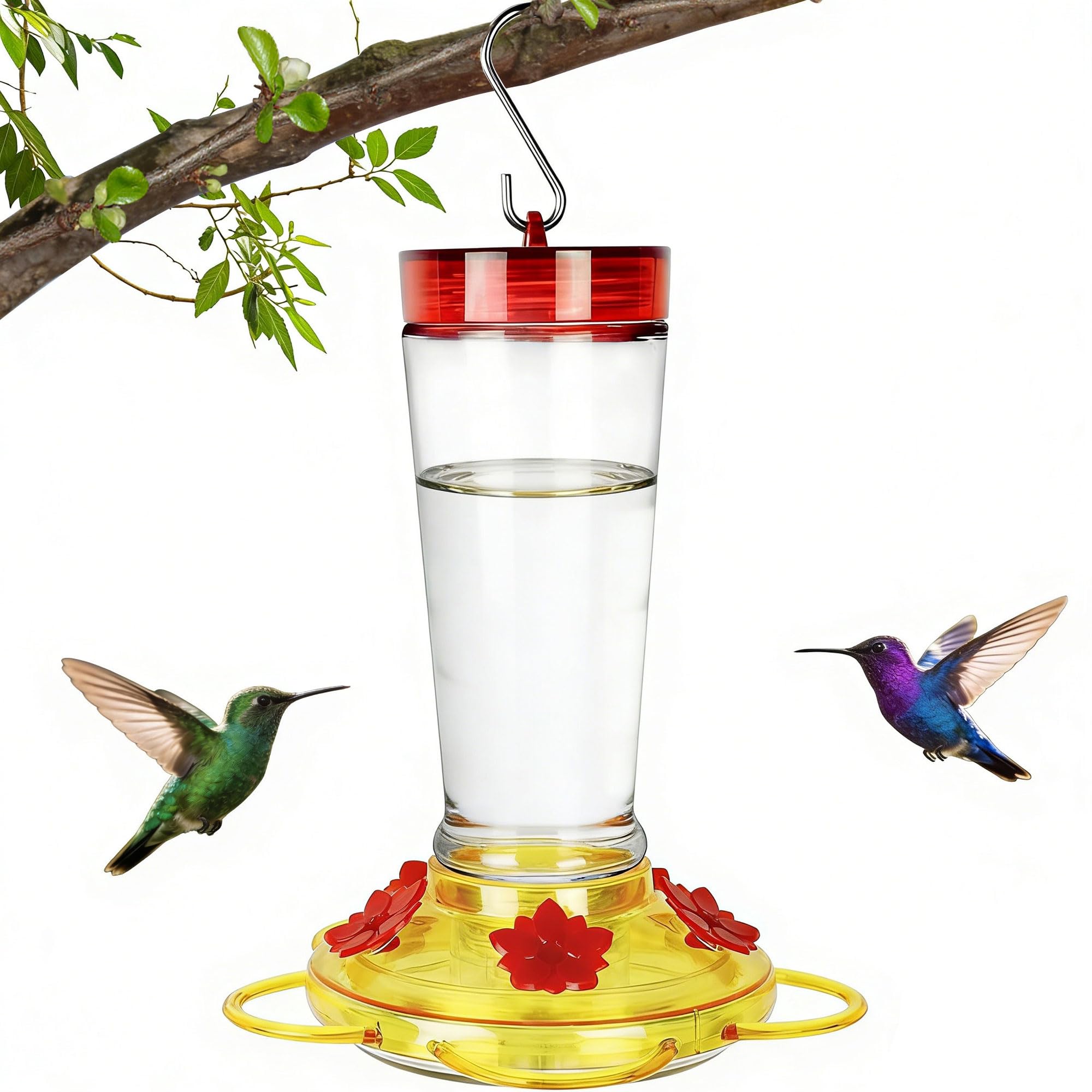 Joliyoou Hummingbird Feeder, 10 Once Flowers Glass Hummingbird Feeder Outdoor Hanging, Bird Nectar Feeder (Yellow Bottom Red Flower)