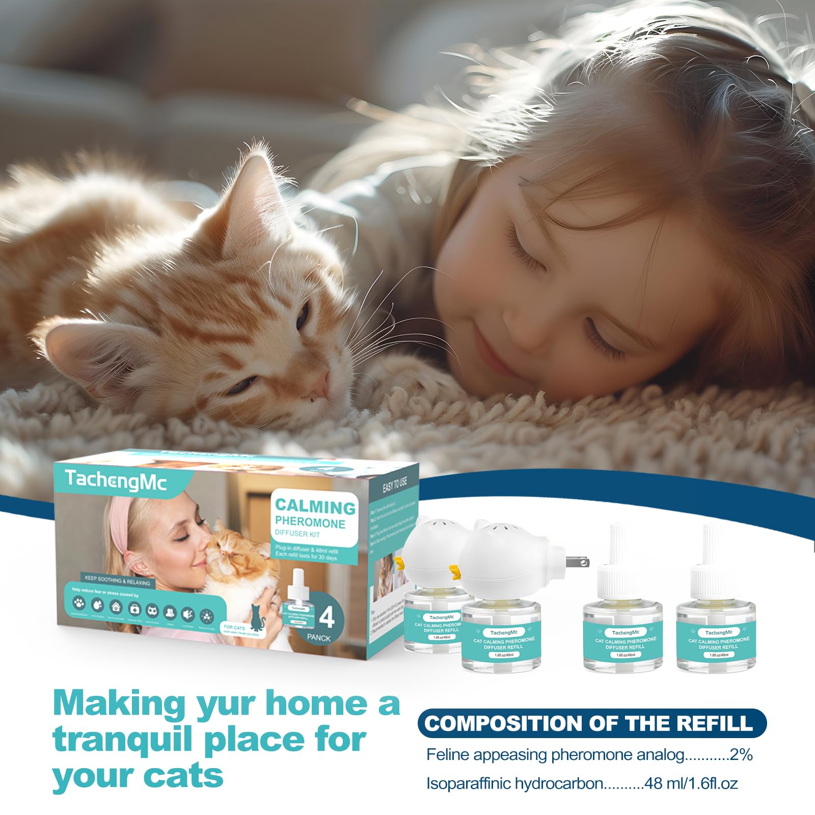 Cat Calming Diffuser, Cat Pheromones Calming Diffuser with 2 Diffuser + 4 Refill 48ml, 6-in-1 Cat Anxiety Relief Cat Pheromone Diffuser Kit 120 Days, Pheromone Diffuser to Calm Cats - image 3