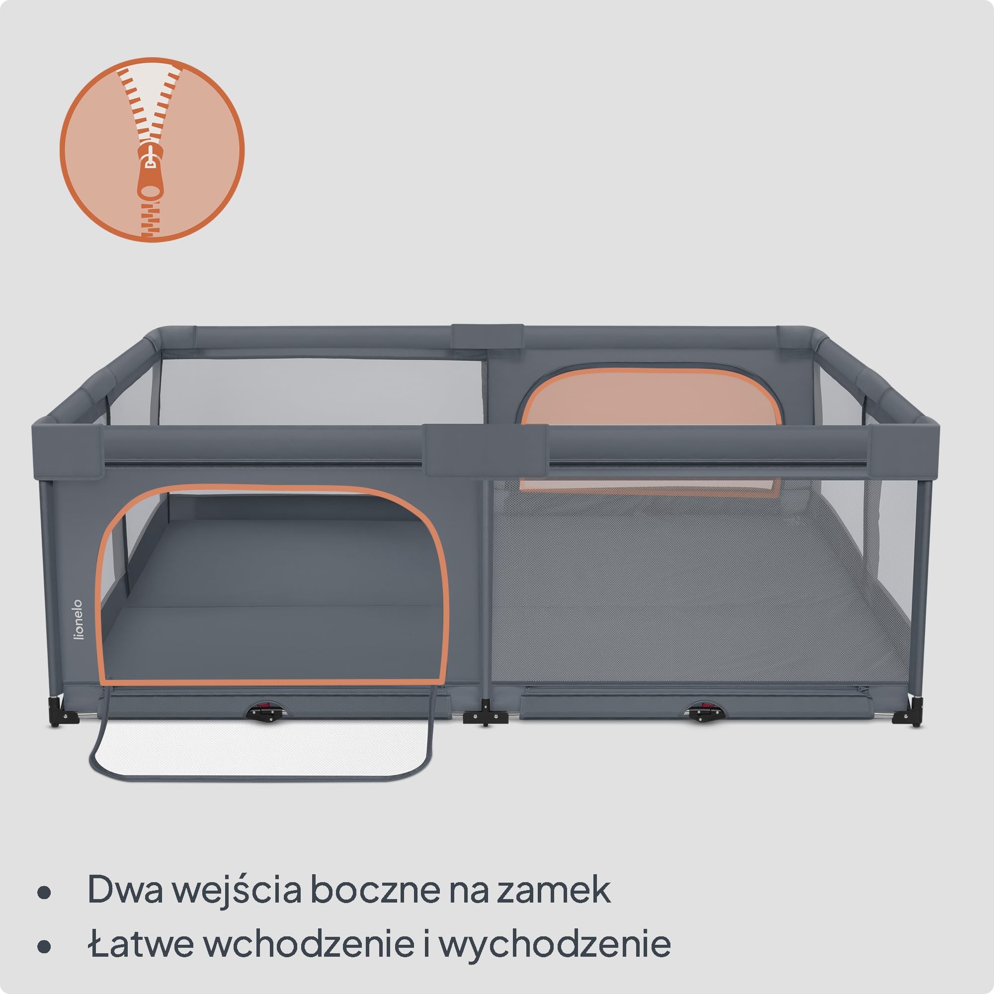Lionelo Florence XL Easy Fold Kojec dla niemowląt, 180 x 200 cm, składany kojec dla niemowląt, bez montażu, 2 wejścia boczne z zamkiem błyskawicznym, oddychająca siatka, miękkie krawędzie, torba