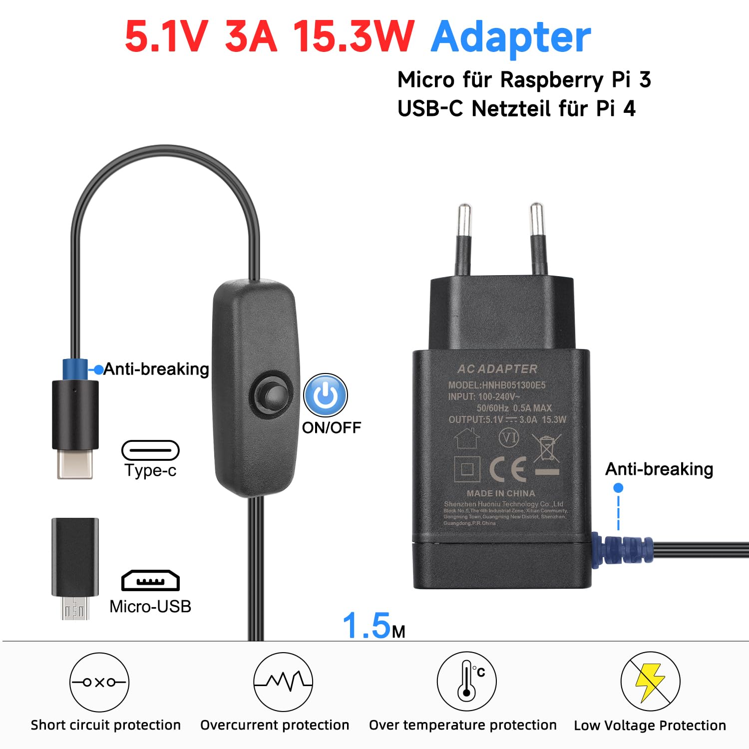 Miuzei Alluminio Case per Raspberry Pi 3b 3b+ con 5.1v 3a Alimentatore con Interruttore On/Off,Micro USB,Raffreddamento Passivo Case compatibile con Raspberry Pi Modello 3b 3b+