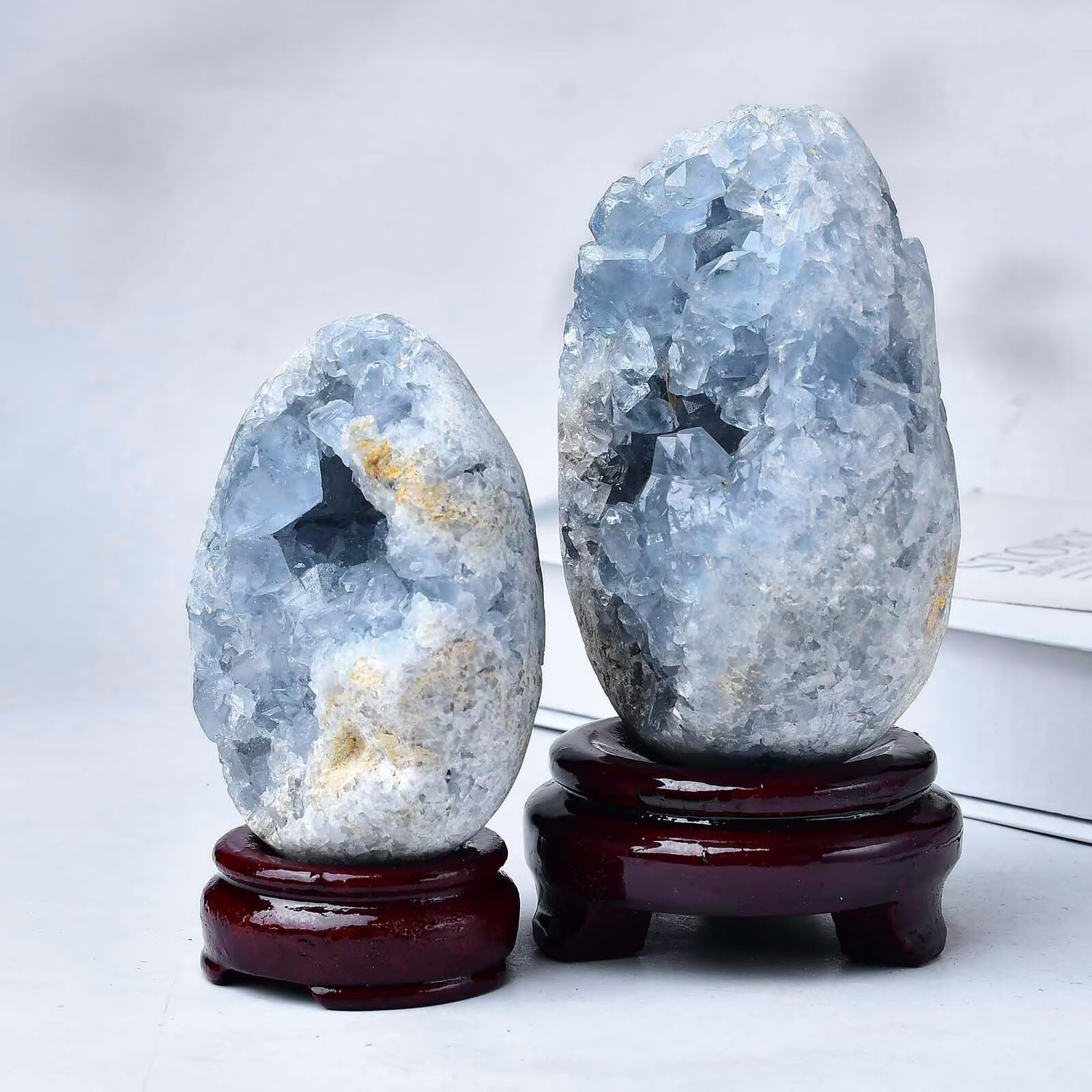 FZBHRO Natural Blue Celestite Geode Egg Healing Crystal Stone Collection Mineral Specimen with Stand Home Office Decor 6.6-7.7 Pounds