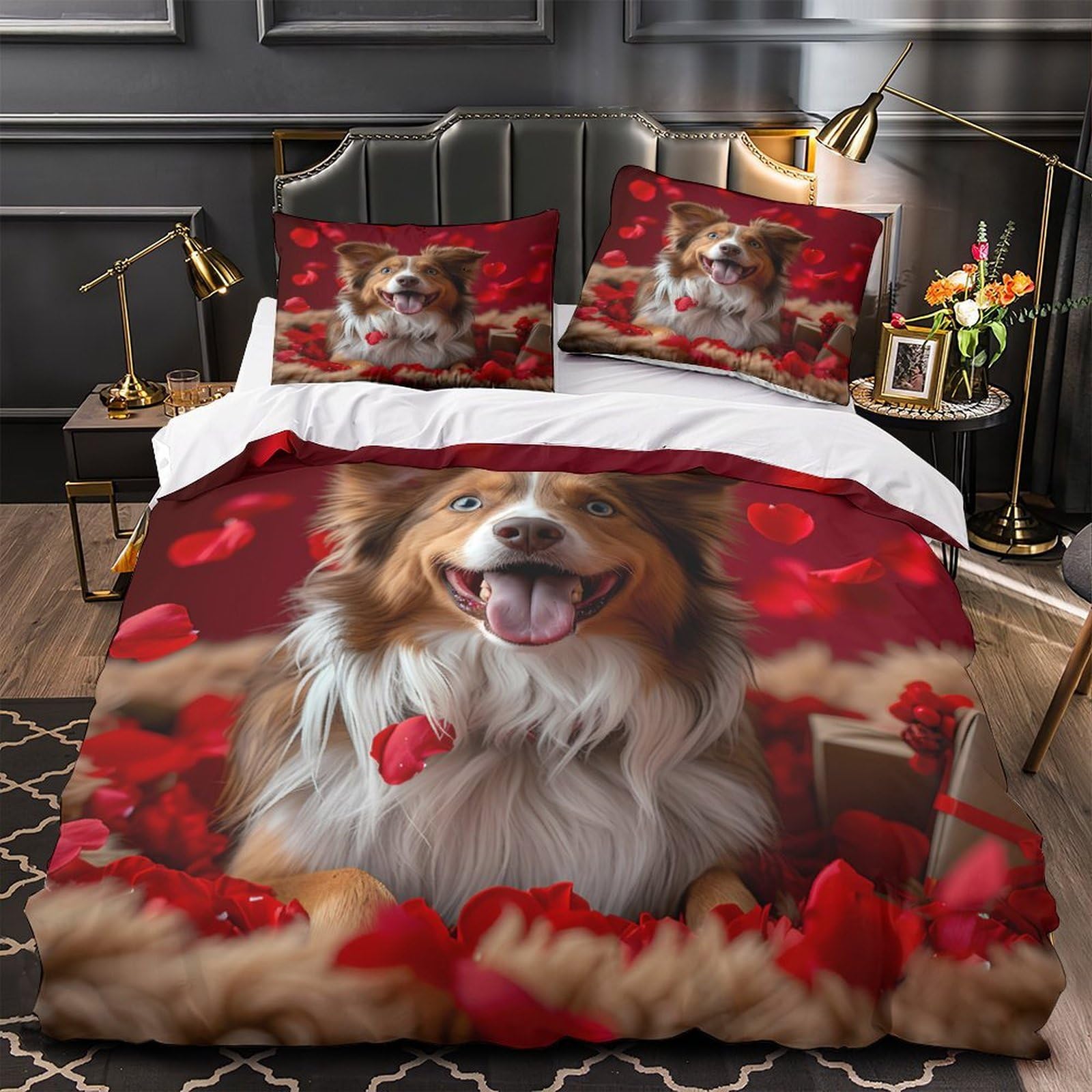 Parure de lit 135x200cm motif chien heureux avec housse de couette imprimée 3D hypoallergénique