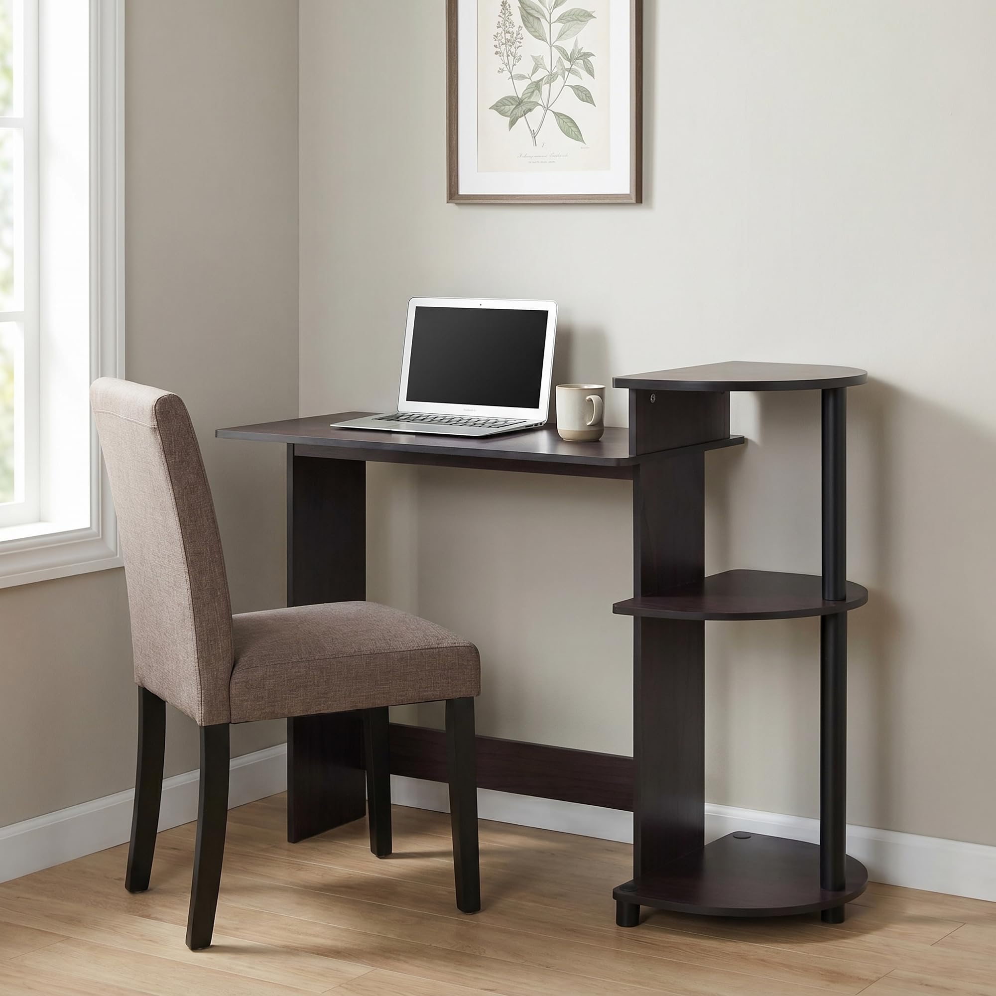 Photo 1 of Furinno Compact 29-Inch Brown Computer Desk, Office Desk with 3 Side Shelves, Rectangular Home Office Desk, Gaming Desk for Home Office, Bedroom, Study Room, Dark Mocha