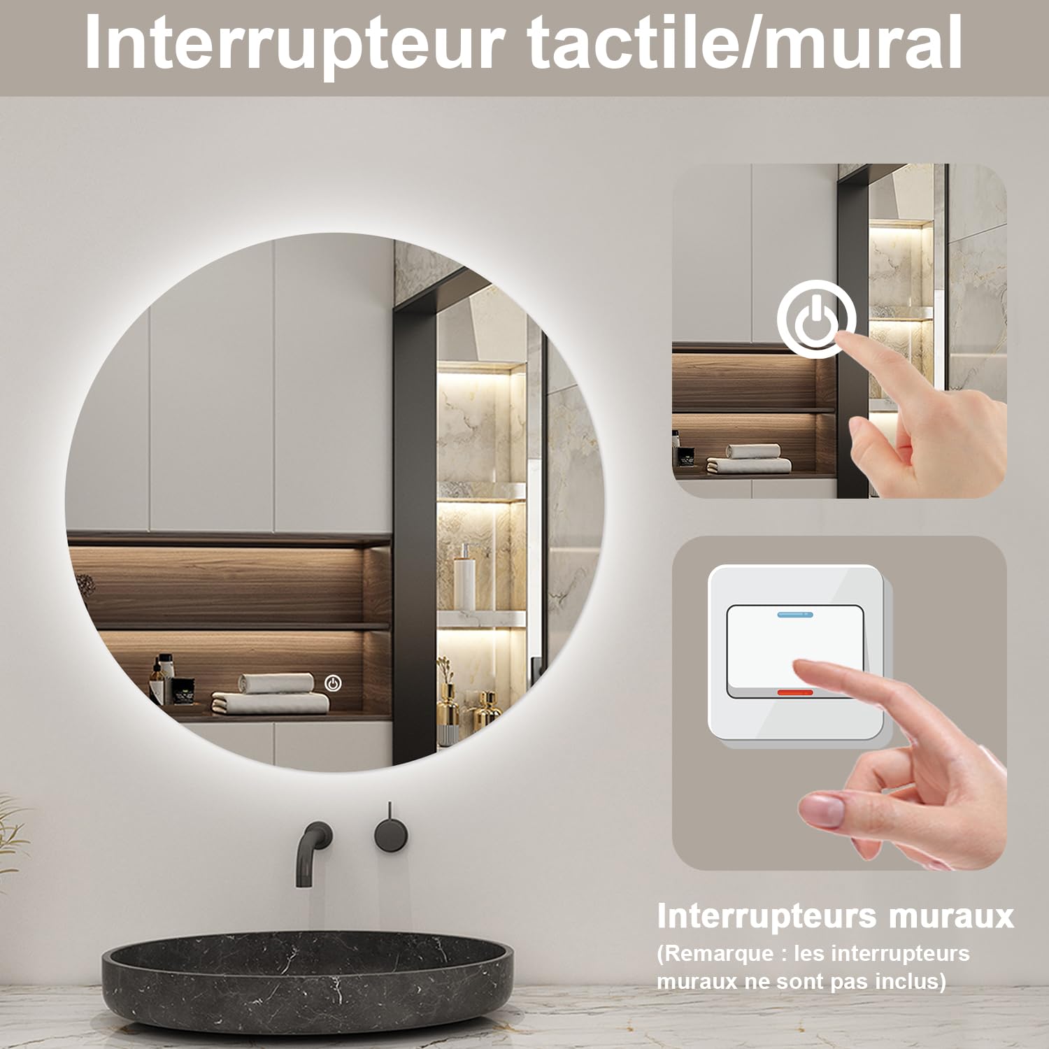 AICA Miroir de Salle de Bain Lumineux Rond 70cm avec Dimmable, Miroir LED Mural