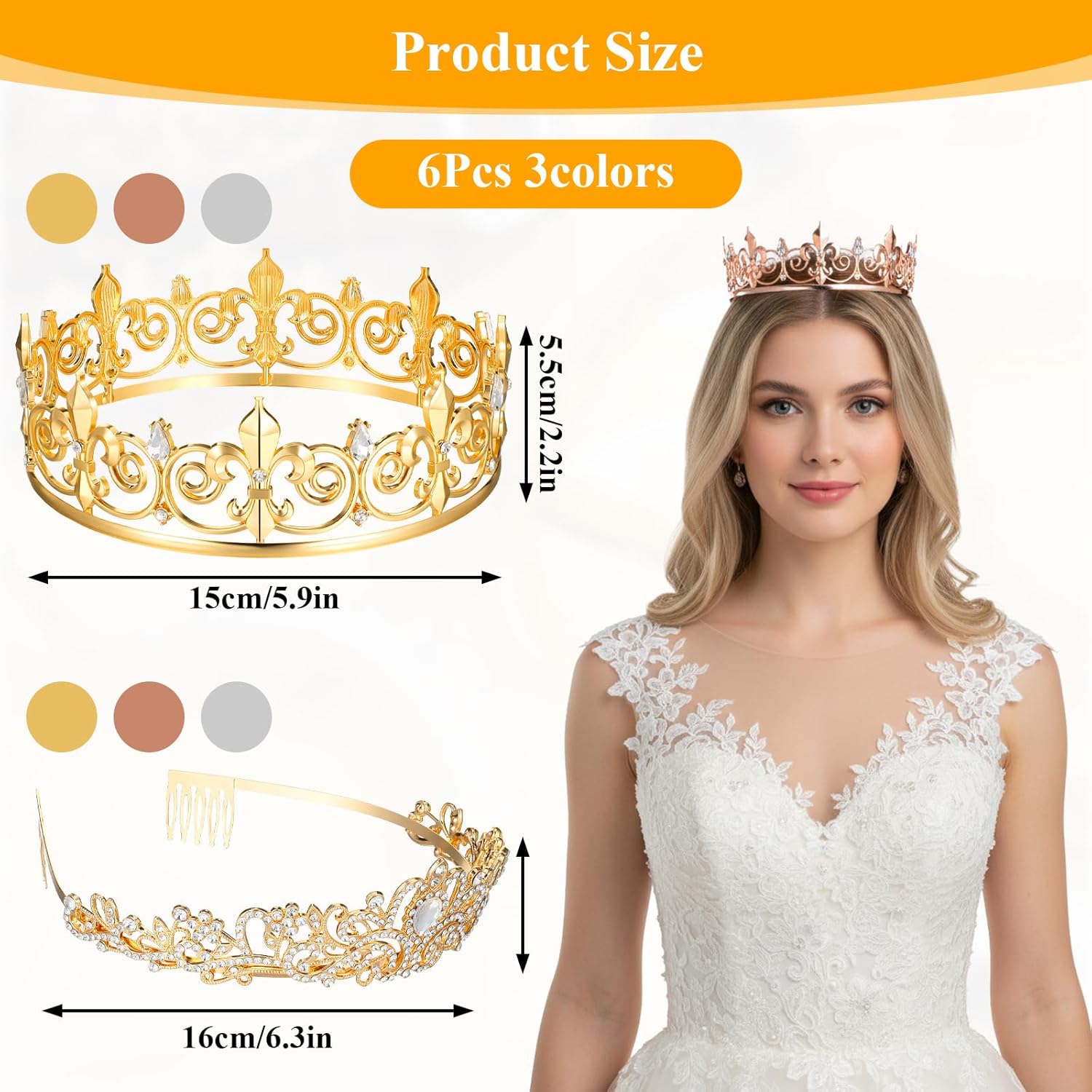 6 PCS Prom King and Queen Crown Set, Birthday Crowns for Women King Crowns for Men Birthday Party Role Play Queen Princess and Prince Crystal Hair Accessories-3 Colors