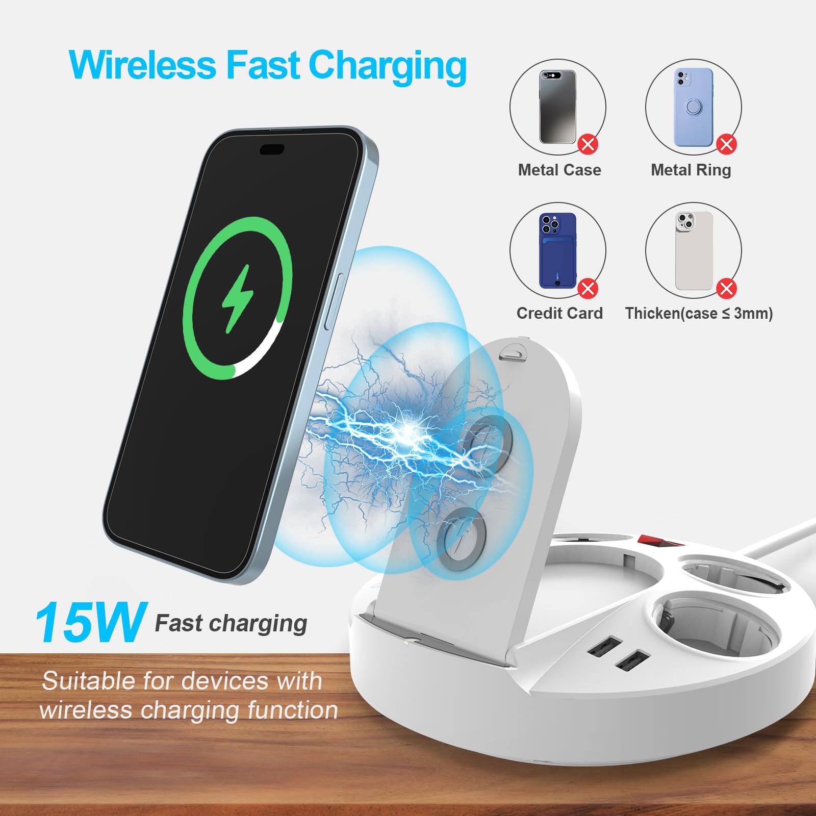 Ciabatta elettrica con USB, multipresa con porte USB C/A, 4 prese e caricatore wireless da 15 W, PD 20 W, protezione da sovratensione con interruttore per ufficio, casa