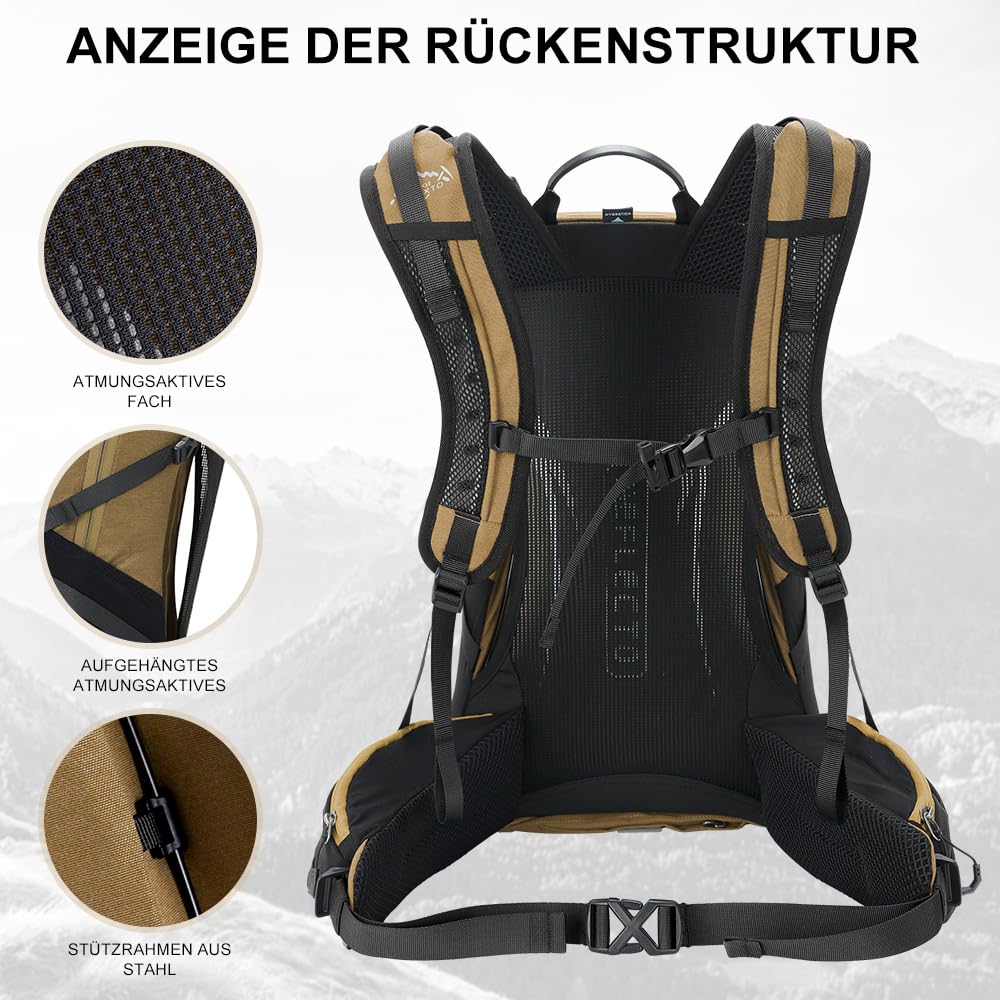 INOXTO Wanderrucksack 25L, mit 3L Wasserbeutel leichter Wanderrucksack mit Regenschutz für Bergsteigen, Wandern, Camping, OutdoorSportarten für Damen und Herren (Khaki, standard)