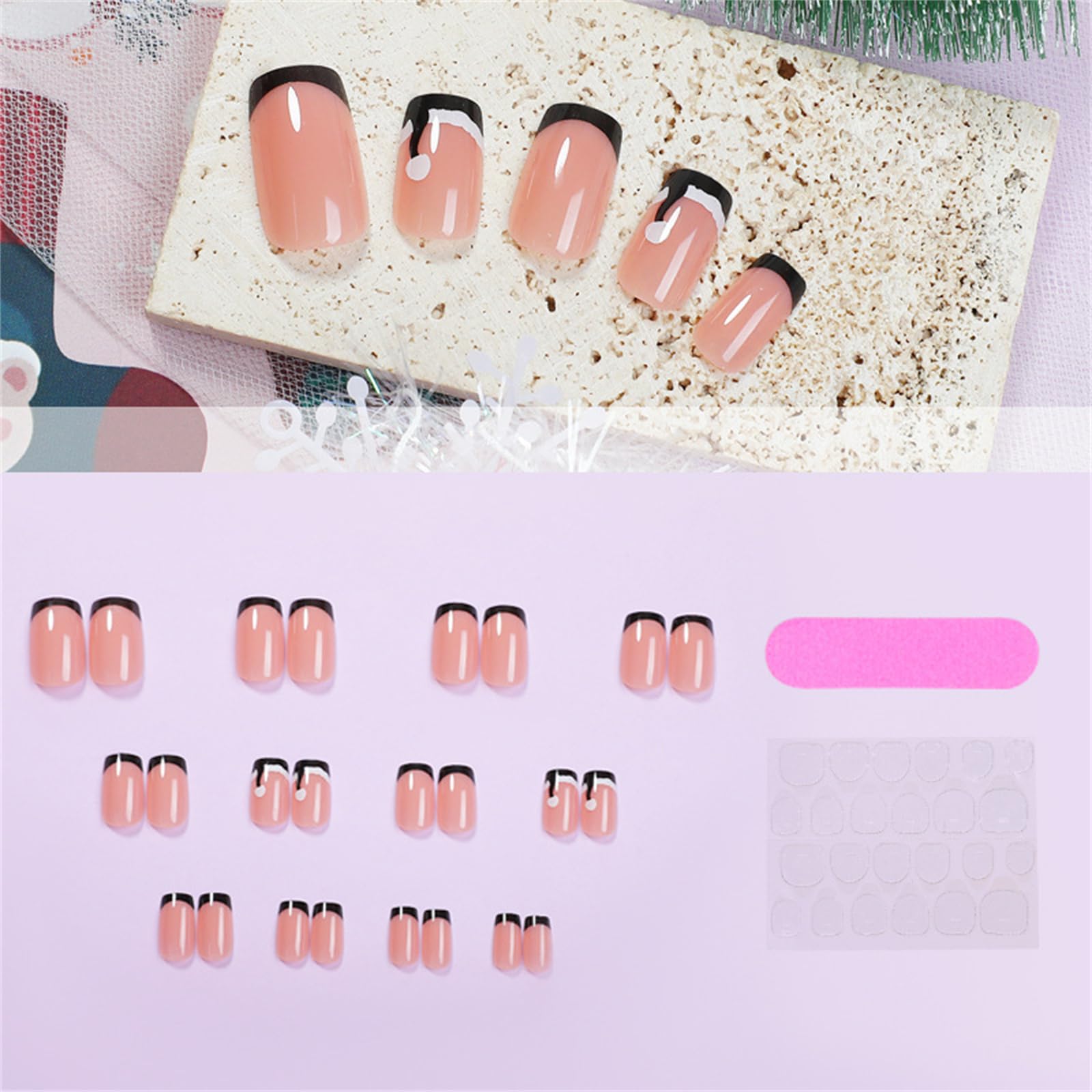 24 pezzi cappello di Natale Stick On Nails punta francese copre completamente unghie finte unghie corte premere sulle unghie unghie artificiali per le donne