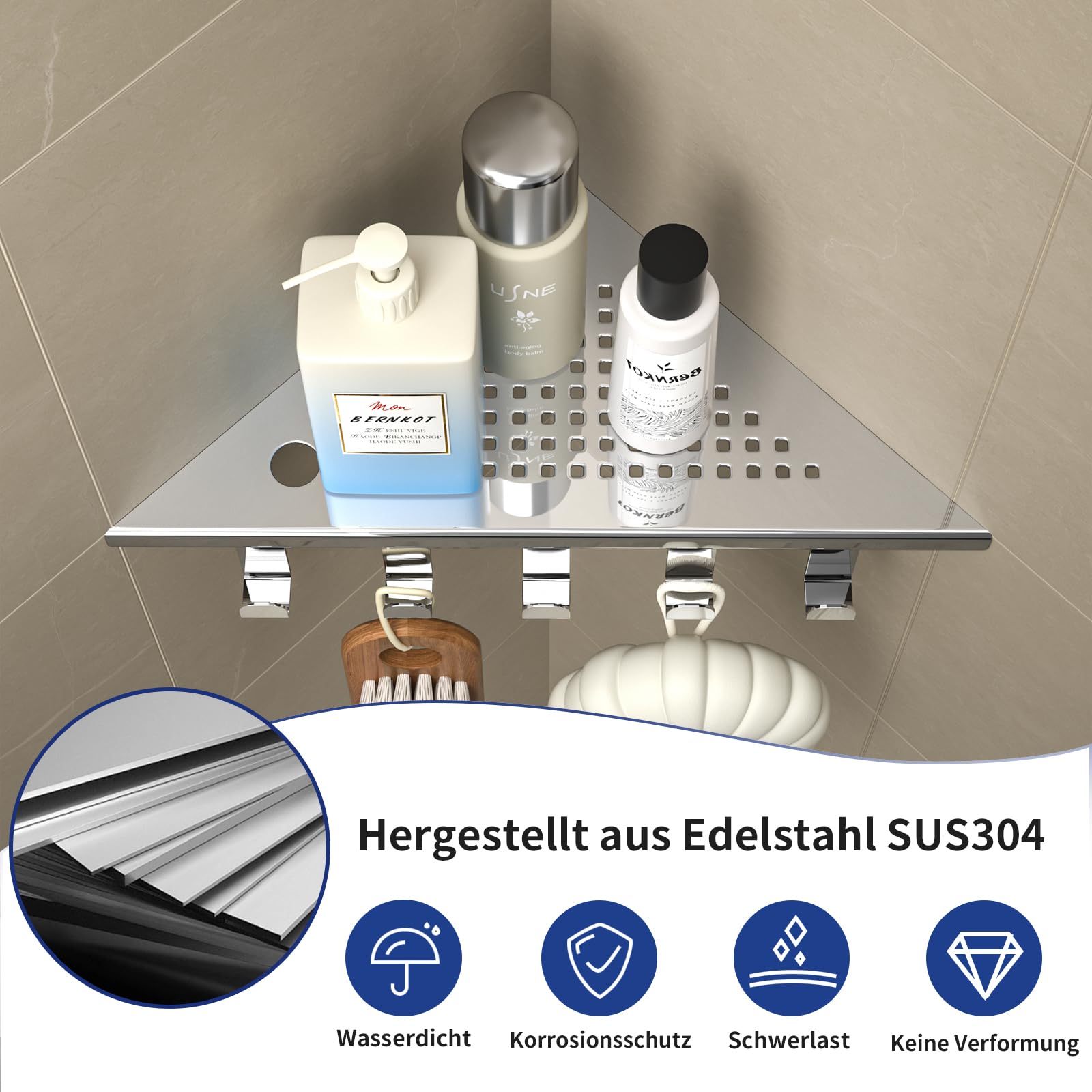 Eck-Duschregal aus 304-Edelstahl, 25,4 cm Eckregal für die Dusche | Duschablage Ecke für Badrenovierung, passend für geflieste Wände, poliert
