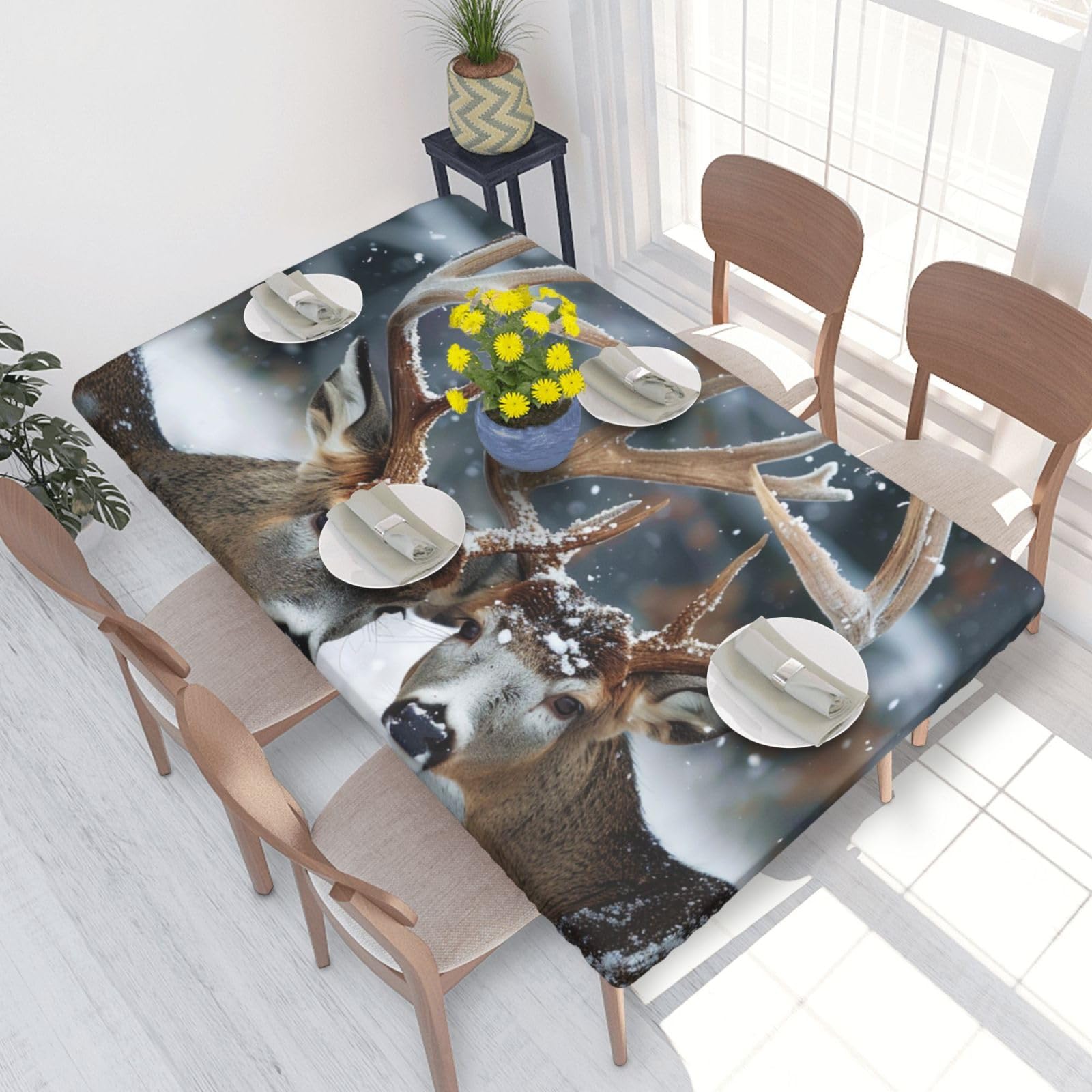 DCARSETCV Deer in beautiful snow Printed 4FT Waterproof Tablecloth with Elastic Edged Protect & Decor Your Table, Oil-proof Washable Table Cloth Cover for Dinner Picnic Party