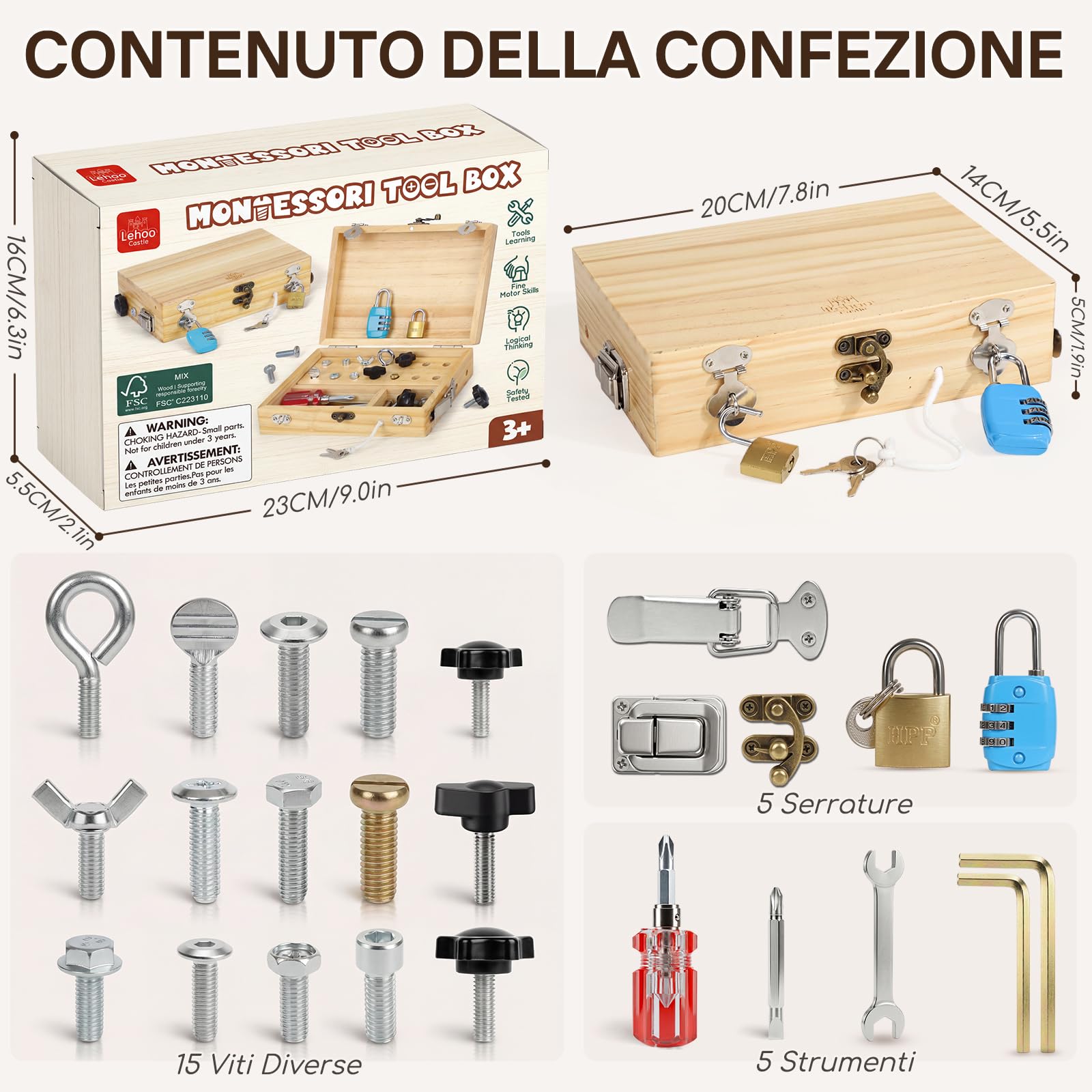 Lehoo Castle Montessori Attrezzi Giochi Bambini Giochi 3 Anni, Cacciavite Giocattoli da Viaggio Busy Board in Legno con Serratura e Chiave Giocattoli Educativi 3 4 5 Anni