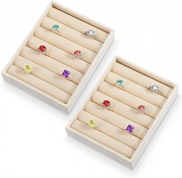 Xinjoduz 2 STK Samt Stapelbares Schmucktablett Organizer 6 Fächer Kleines Schmuckaufbewahrung Schublade, Schmuck Tabletts Schmuckablage Ideal Für Ringe Ohrringe Frauen Mädchen(Beige) - 1