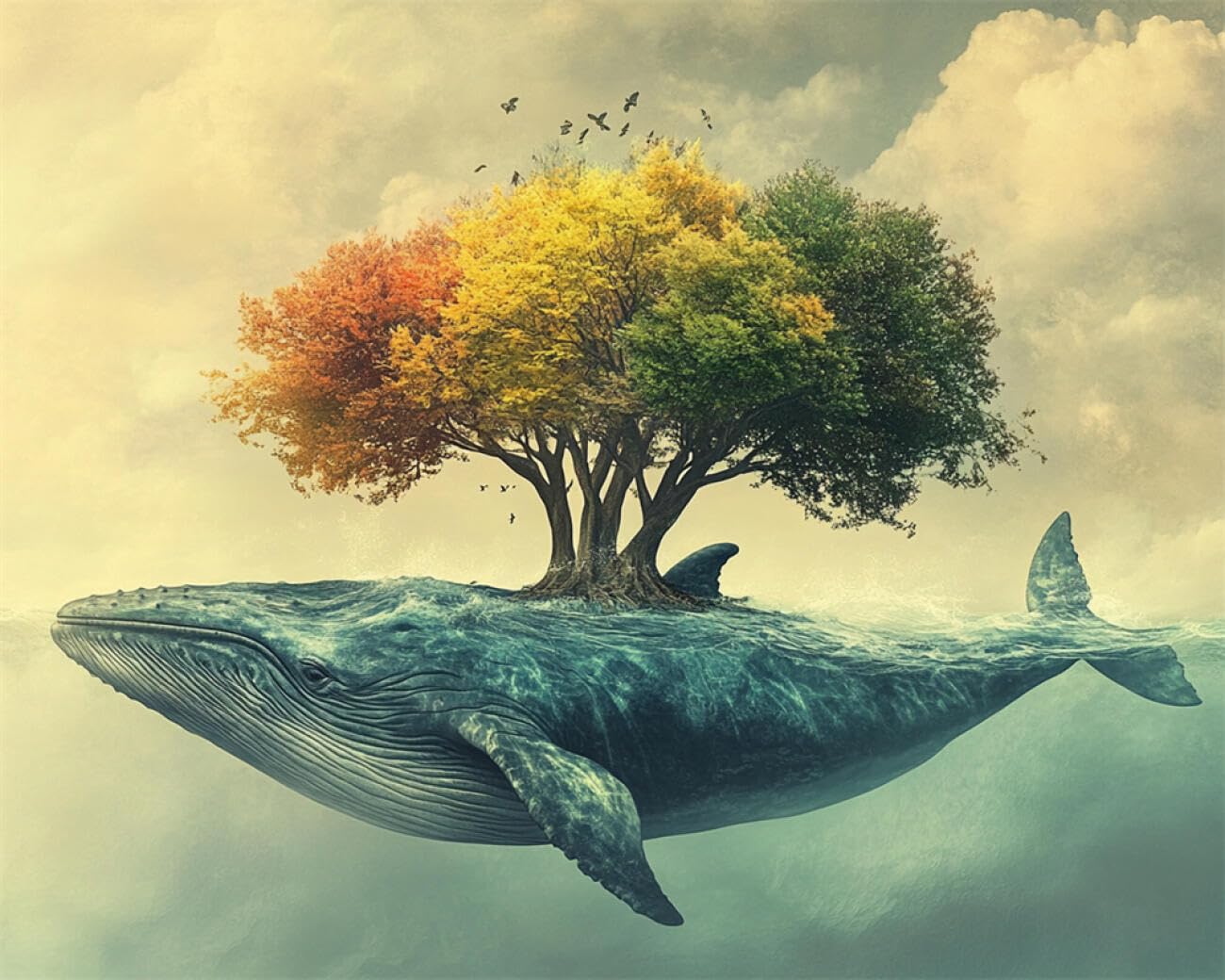 RKFLGEW DIY Seed Bead Embroidery Kits Whales and Big Trees 50x70cm