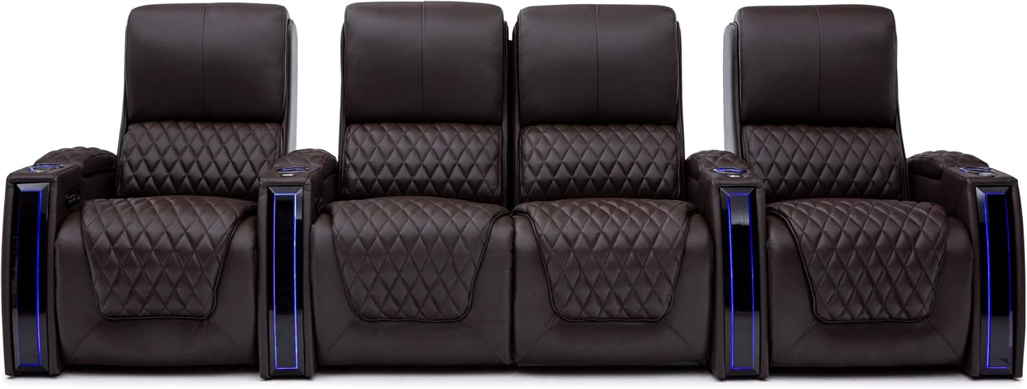 Seatcraft Apex Home Theater Seating - Top Grain Leather - Power Recliner - Power Headrests - Power Lumbar - LED Armrests - SoundShaker - USB Charging - Cup Holders (Row of 4 Middle Loveseat, Brown) : Home & Kitchen