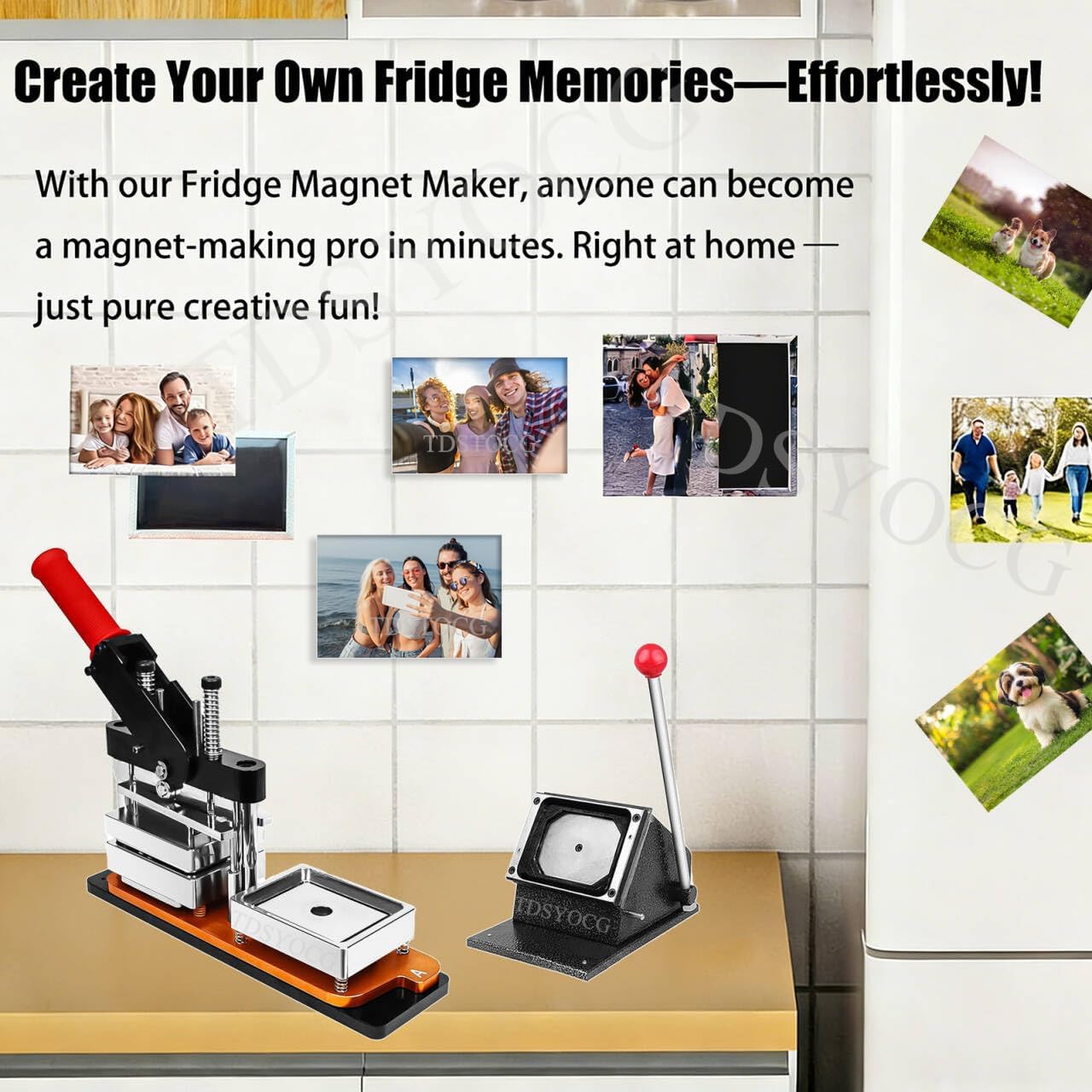 Professional Fridge Magnet Maker Machine Kit, DIY Square/Rectangle Photo Magnet Press with Metal Construction, Includes Paper Cutter, 100 Sets Supplies & 100 Sheets Photo Paper for Making Magnets
