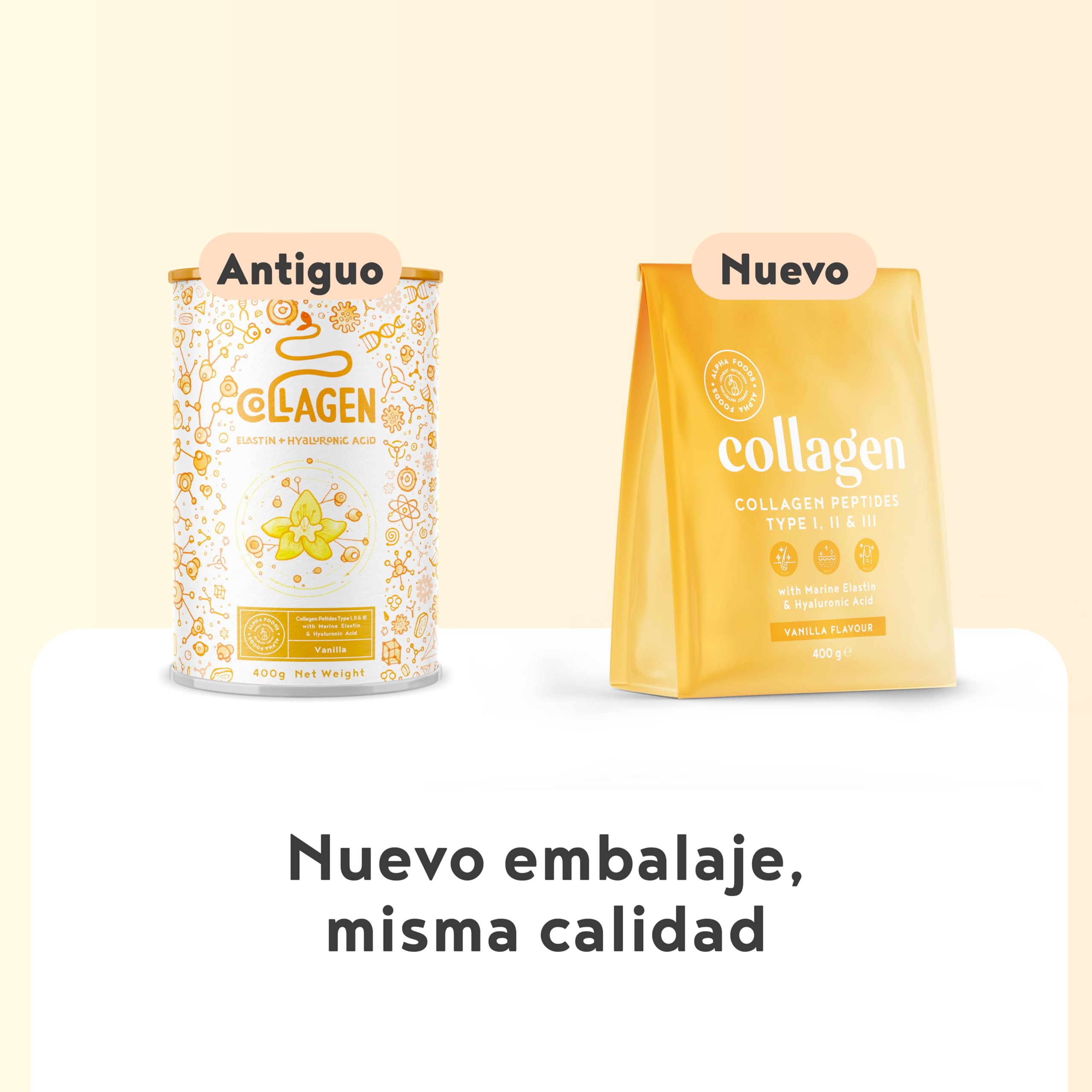 Colágeno en Polvo 400g | Péptidos de Colageno Hidrolizado con Acido Hialuronico y Elastina Marino | Collagen Peptides Tipos I, II, III | Sabor Vainilla | Alpha Foods