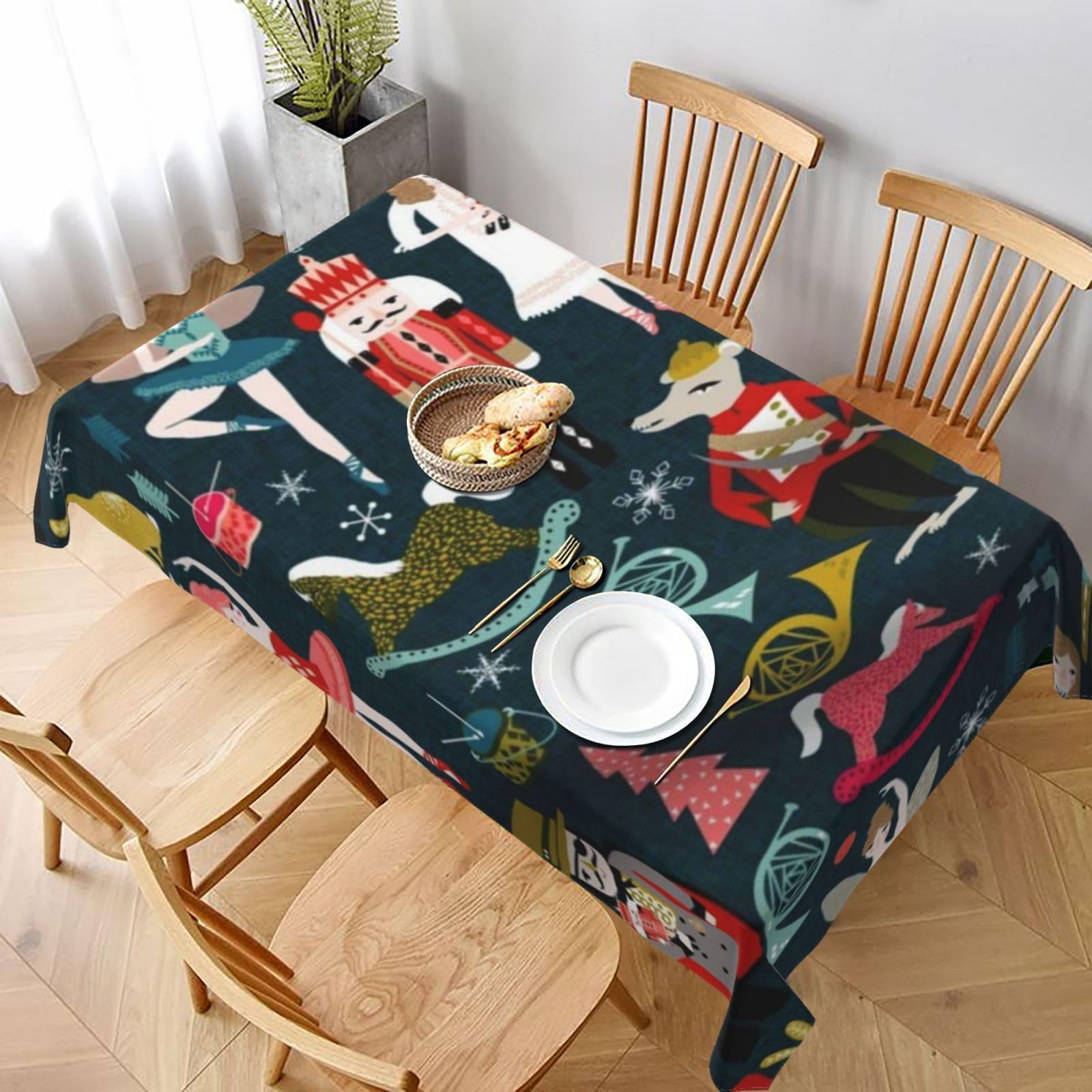 BNVSADC Women's Nutcracker Ballet Xmas Dance Printed Rectangle Tablecloth 228x152 CM, Water Resistant Polyester Table Cloth Decorative Fabric Table Covers for Kitchen Dining Table Parties Camping