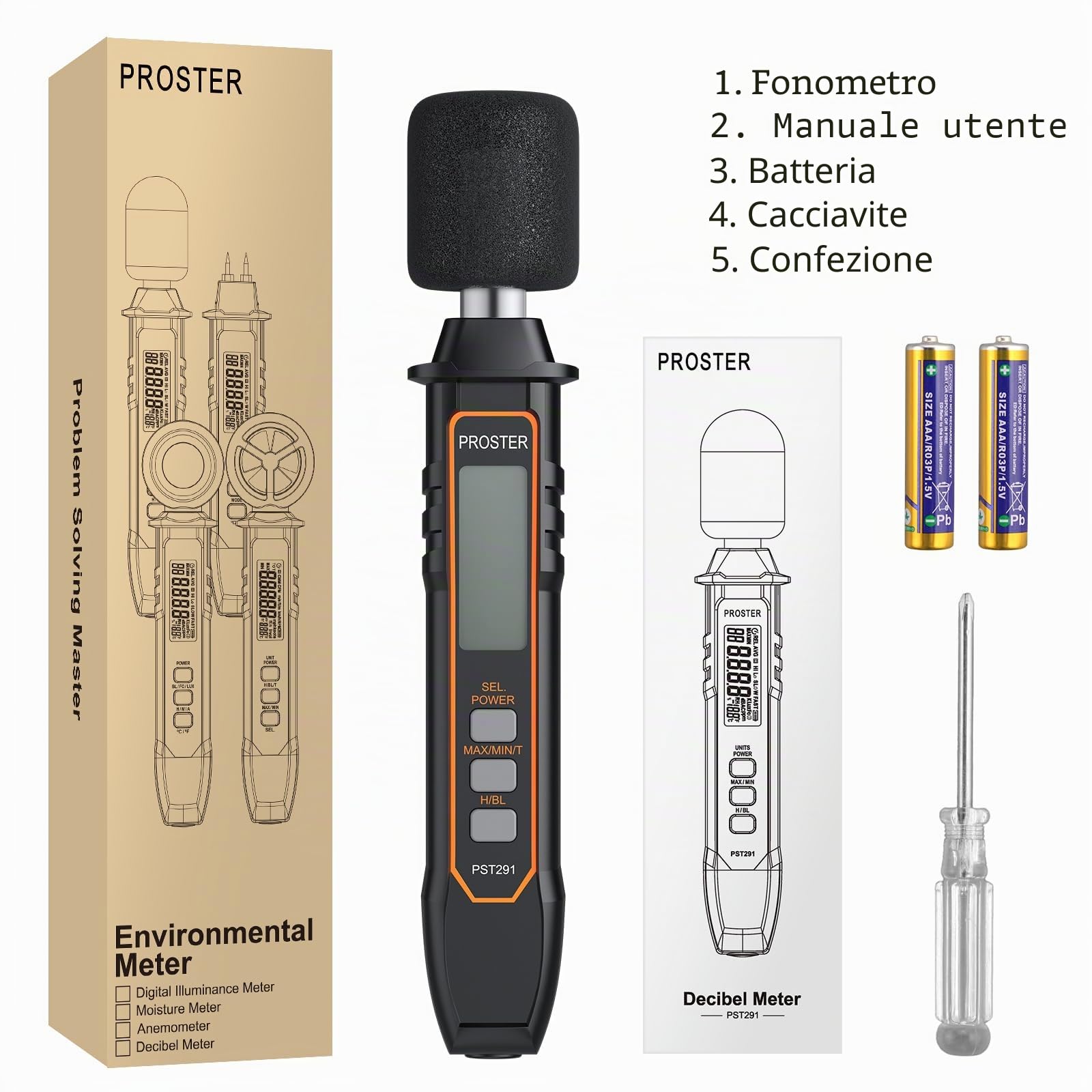 Proster Misuratore di Decibel Digitale 30dB a 130dB Portatile con Funzione di Temperatura A-Pesato Max/Min Risposta Veloce/Lenta LCD Retroilluminato Ideale per Ambienti di Lavoro Uffici e Fabbriche