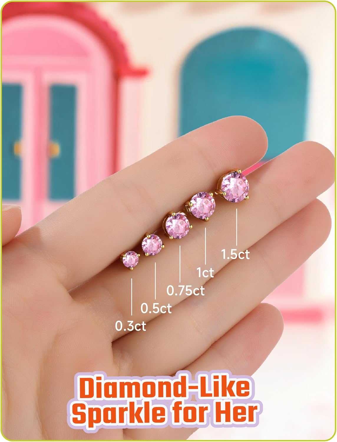 JustBeingCute 3-Prong Sterling Silver Earrings, Round CZ Colorful Stone Flat Back Studs Hypoallergenic Earrings for Women, Valentine's Day Engagement Jewelry Gifts—4/5/6/6.5/7.5/8mm - Image 8