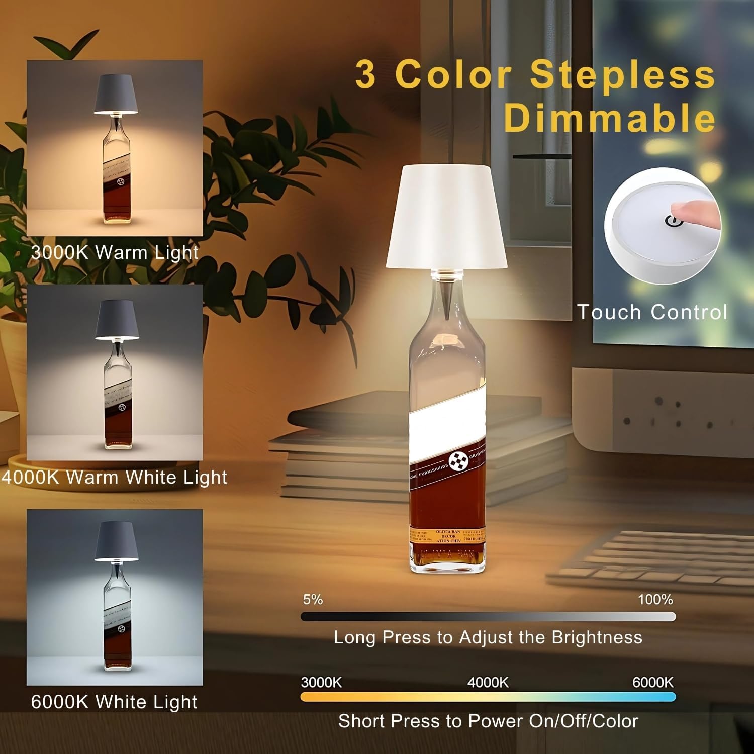 Kshavi Wireless Bottle Lamp Shade with 3 Color Touch Control Wireless Indoor & Outdoor, 100% Waterproof Adjustable Brightness and Light Living Room Home Decor Restaurant (White) 4