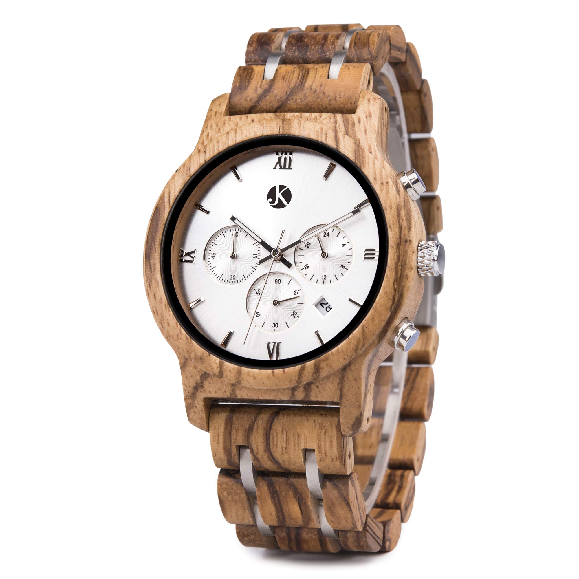 Kim Johanson Herren Holz-Edelstahl Armbanduhr *Air Force* in Hellbraun Chronograph mit Einem Gliederarmband Handgefertigt Quarz Analog Uhr inkl. Geschenkbox