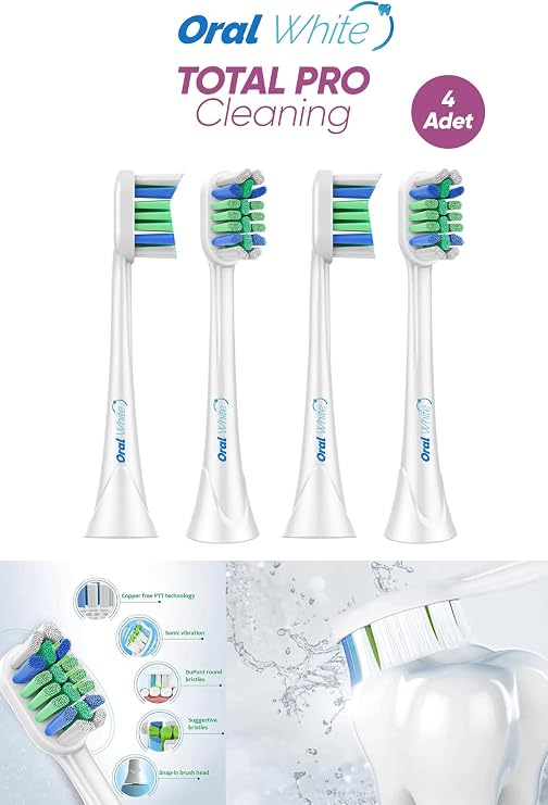 Sonic Total Pro Cleaning Yedek Diş Fırçası Başlığı, 4'lü Paket | Sonic Total Pro Cleaning, Hassas Temizlik, Philips Sonicare Uyumlu (One serisi ile uyumlu değildir.)