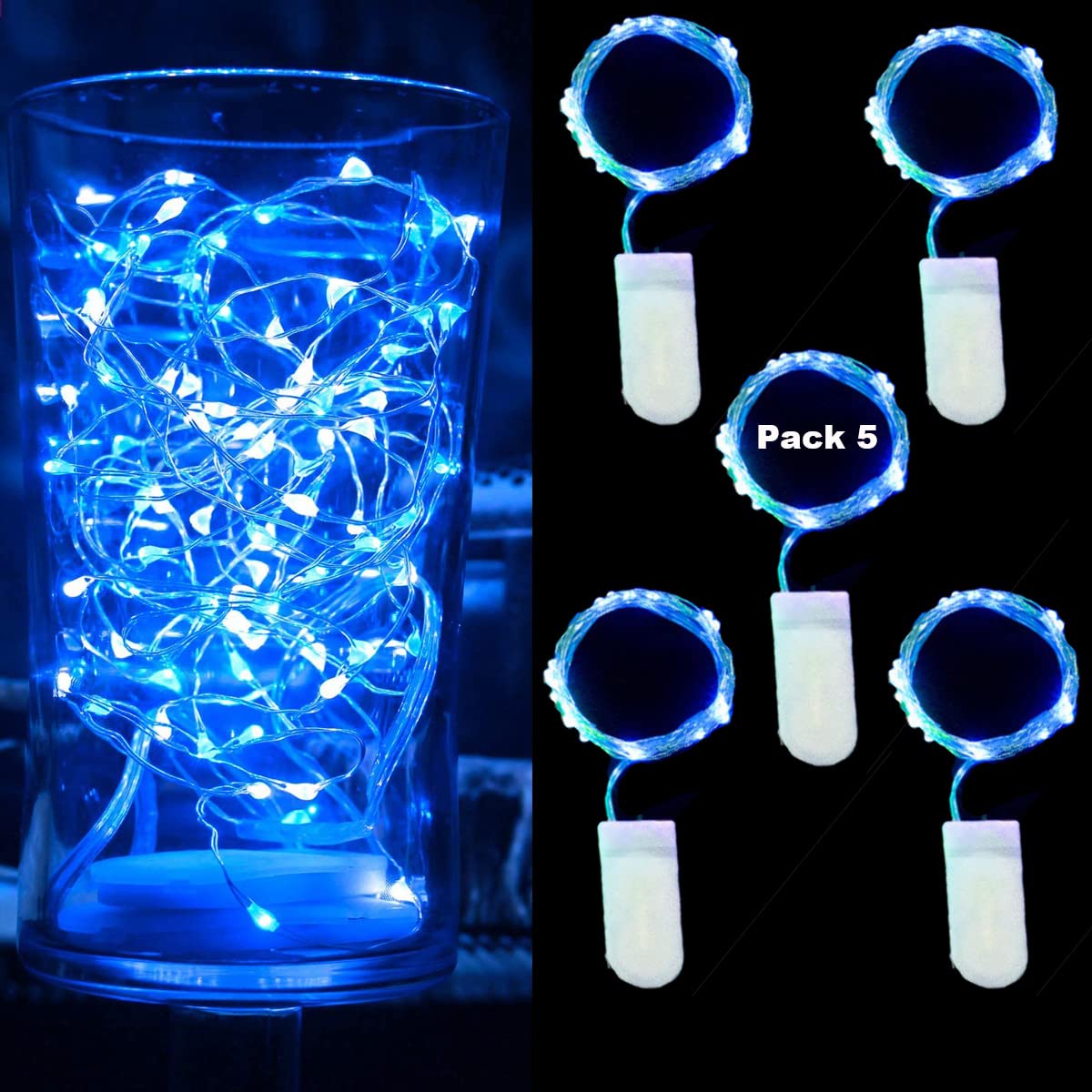 Uhat Blue Led String Lights 5 Pack Battery Operated Fairy String Lights 10Led/20Led/30Led Micro Lights For Party Christmas Indoor Outdoor (, 1M)