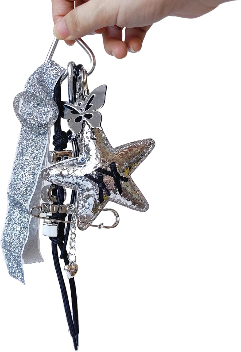 6-in-1 Punk Style Bag Charms Set with Silver Star, Glitter Ribbon, Letter Bead Chain, Leather Cord, Butterfly Keychains & Keyring for Handbag Backpack Purse Backpack Purse - Image 3