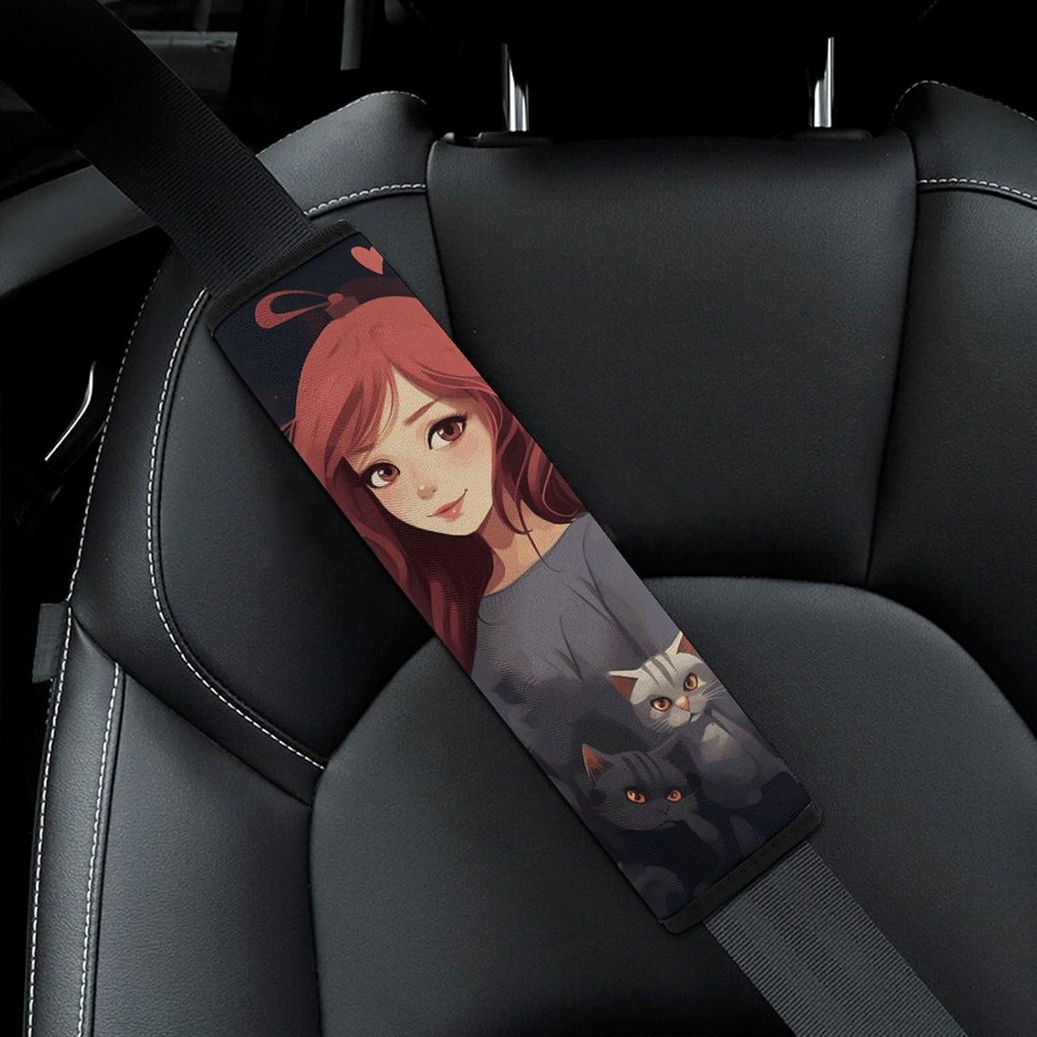 2 PCS Super Soft Car Seat Belt Pad, Cute A Girl Who Loves Cats Printed Waterproof Sweat-Absorbing Seat Belt Covers Backpack Shoulder Pad for All Car Seats Baby Strollers