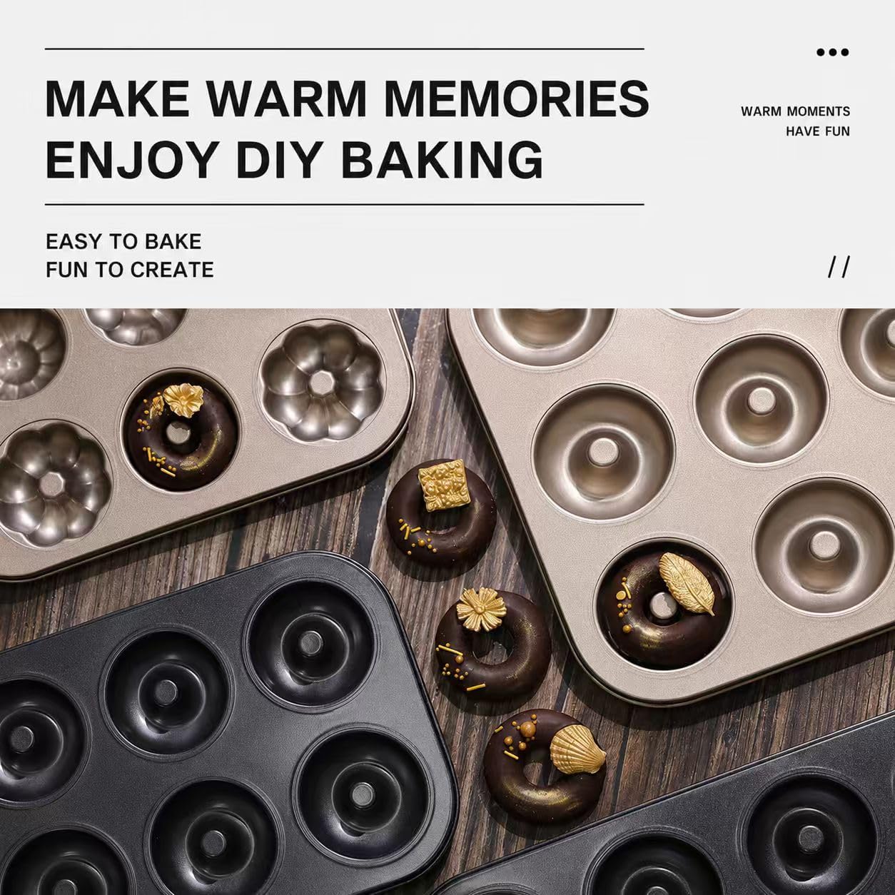 Donut Baking Pan, 9-Cavity Nonstick Carbon Steel Mold, 3 Designs, Gray