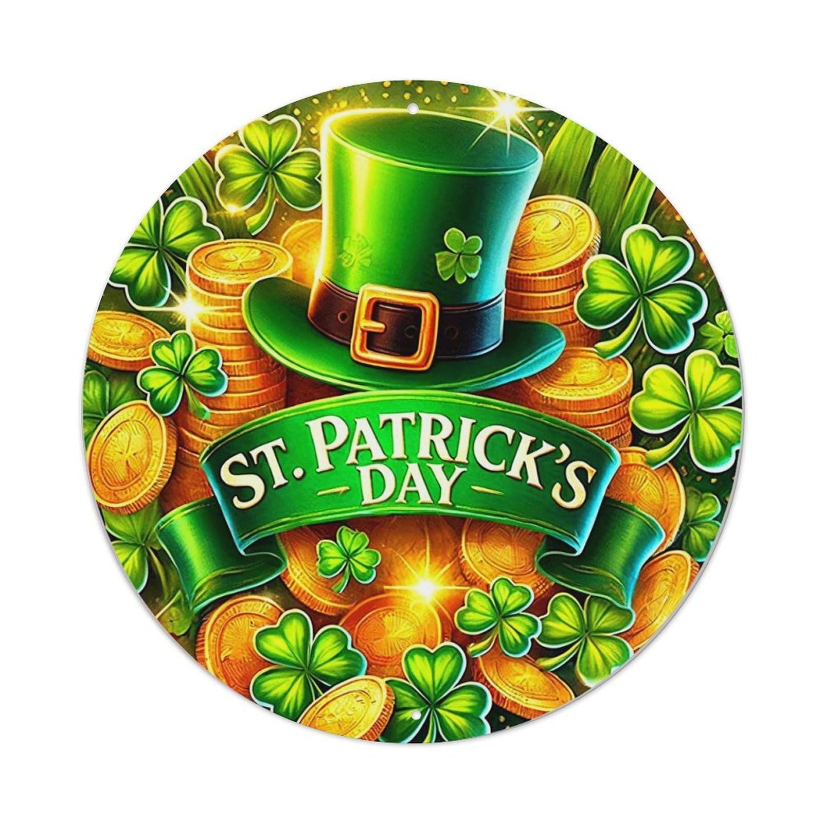Green Hat Gold Coins Clover Leaves Round Tin Sign Vintage Metal Sign Home Bar Garden Indoor & Outdoor Wall Decor Retro Metal Poster 8x8 Inch