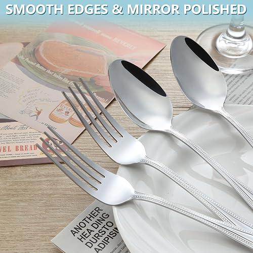 Miniatura 3 de Gymdin Juego de 24 cucharas y tenedores, acero inoxidable de grado alimenticio con mango de diseño de puntos de perla, pulido espejo apto para