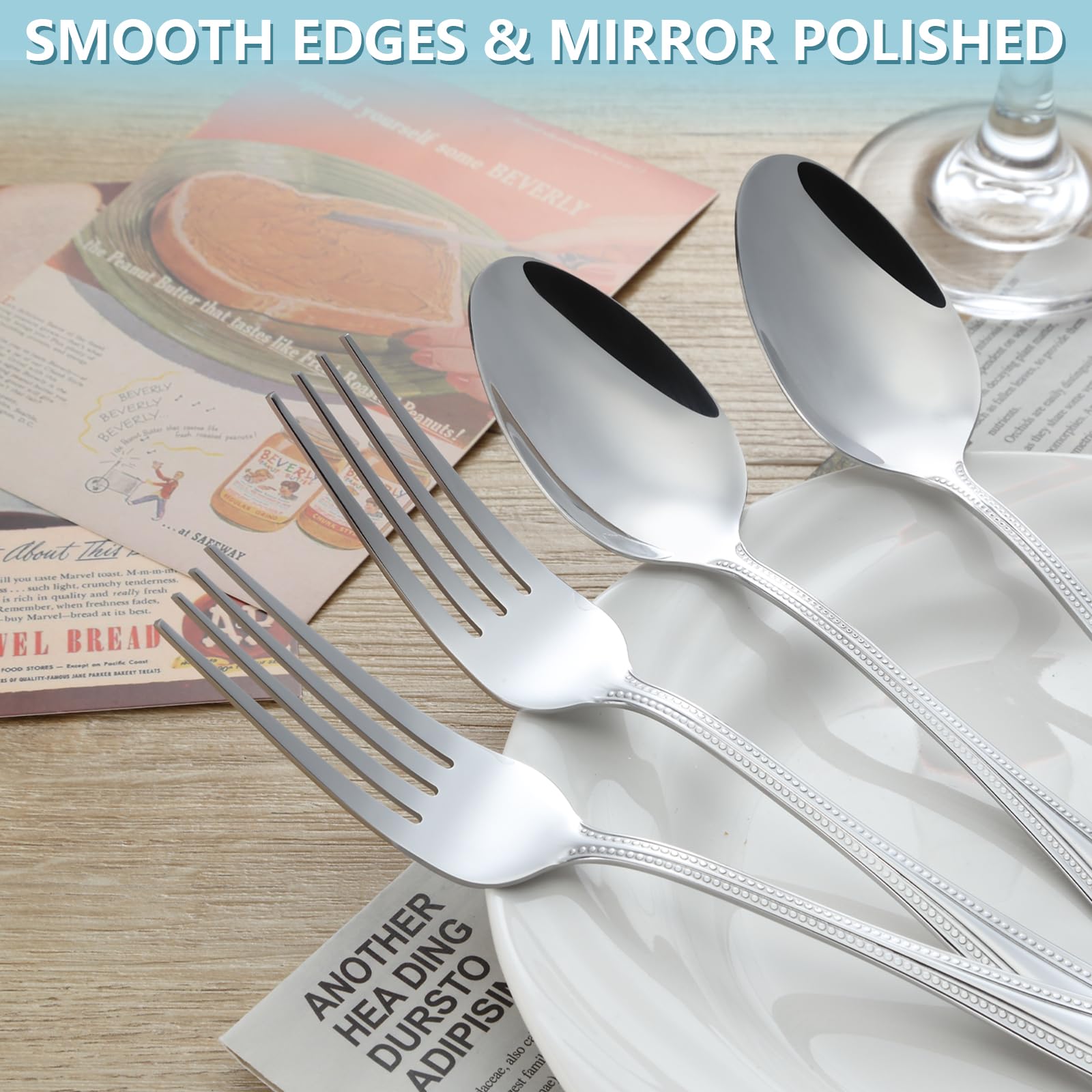 24 PCS Spoons and Forks Set, Food Grade Stainless Steel with Pearl Dot Design Handle Silverware Set, Mirror Polished Dishwasher Safe, Silverware Forks and Spoons for Home or Restaurant — Amazon image 3