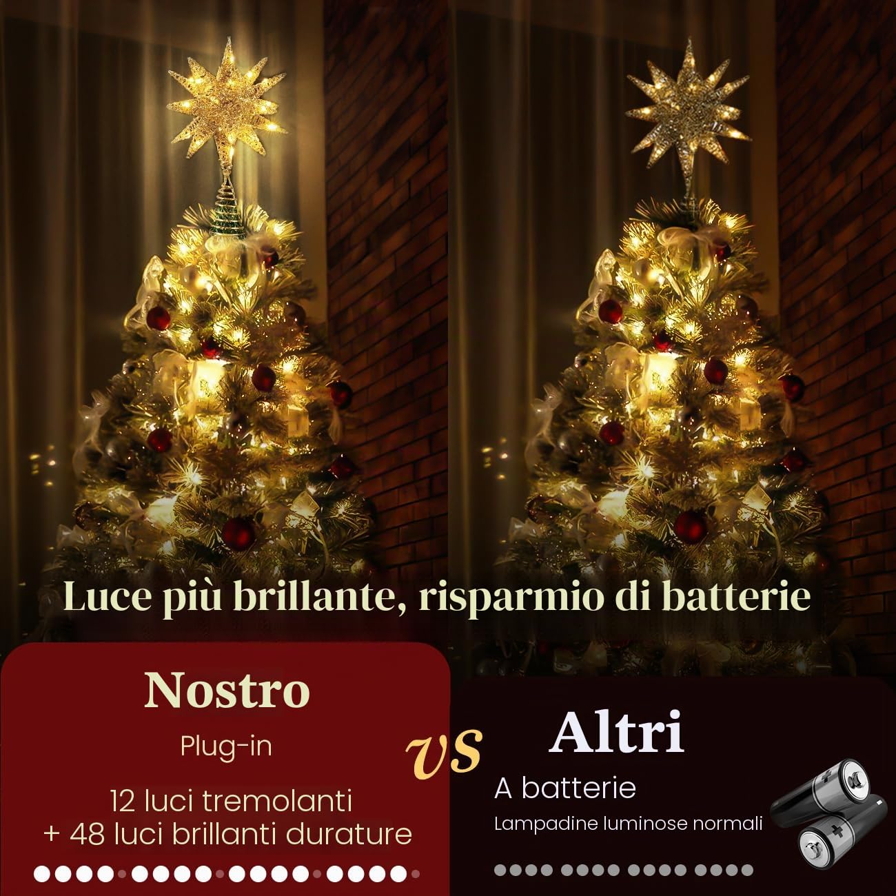 Luxspire Puntale Albero Natale LED, Decorazioni Natalizie Luci di Albero, a Forma di Albero con Glitter, Luci LED Albero di Natale, a 2 AA Batterie, Decorazione per Natale Festa Casa, Champagne Oro