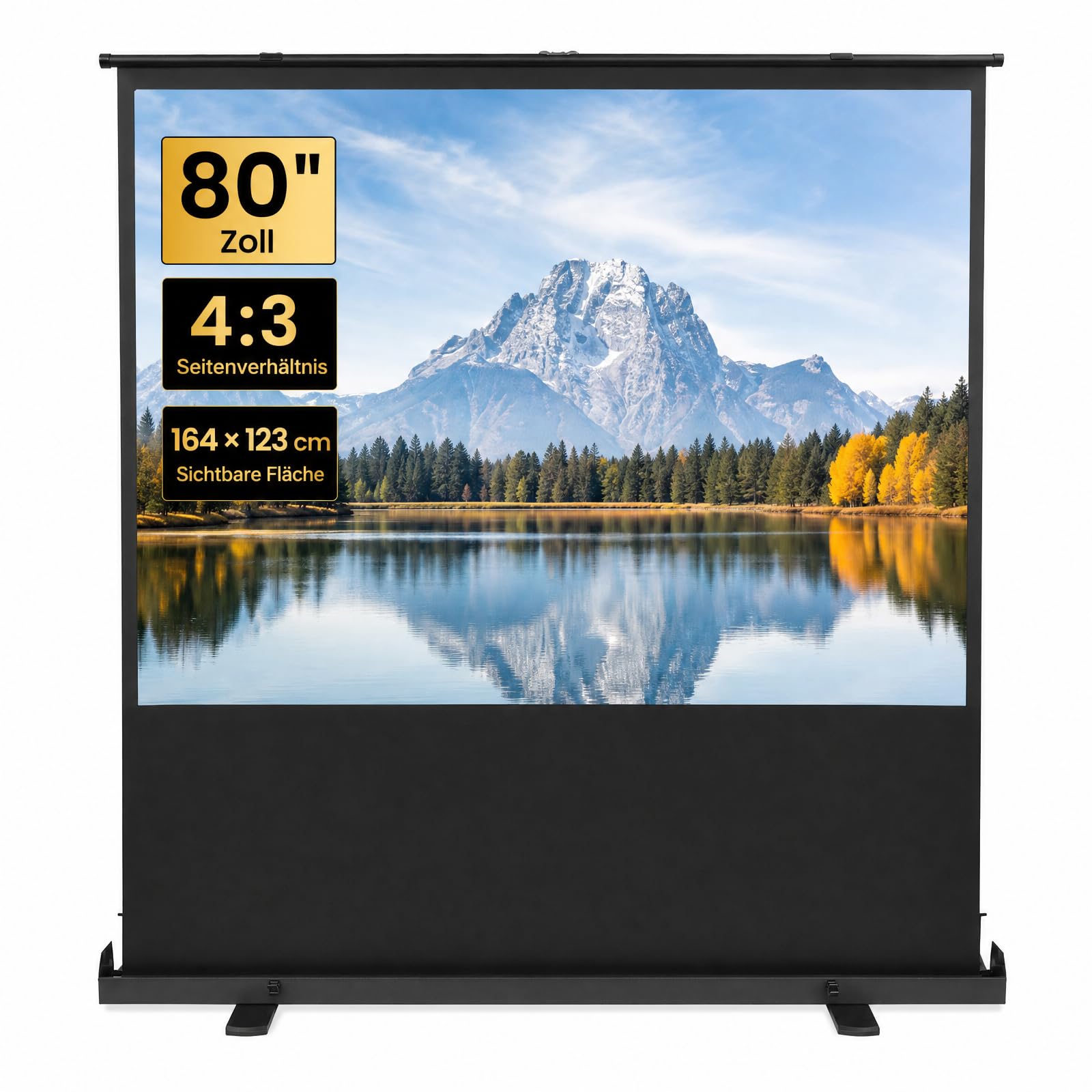 Pantalla de suelo de 80 pulgadas, 4:3, pantalla de proyección portátil de 164 x 123 cm, con sistema de resorte de gas, altura regulable sin niveles, barras de soporte en forma de X, gran angular de