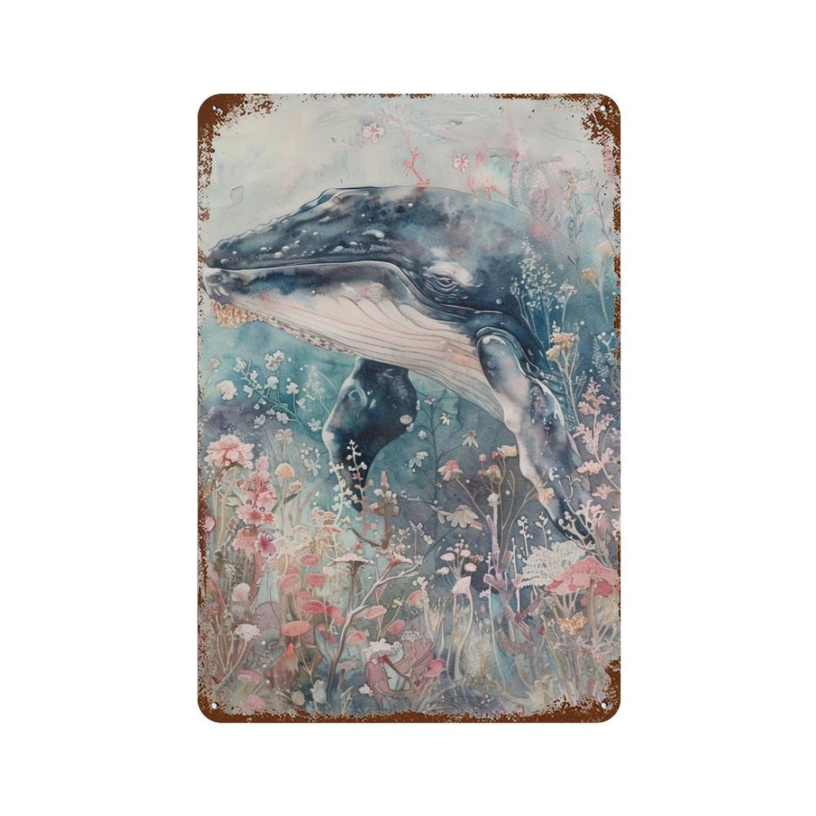 Rust Effect Whale in Flower Field-3 Rusty Metal Tin Sign 11.8"x7.9", Old School Wall Decor for Garage, Bar And Workshop Decor