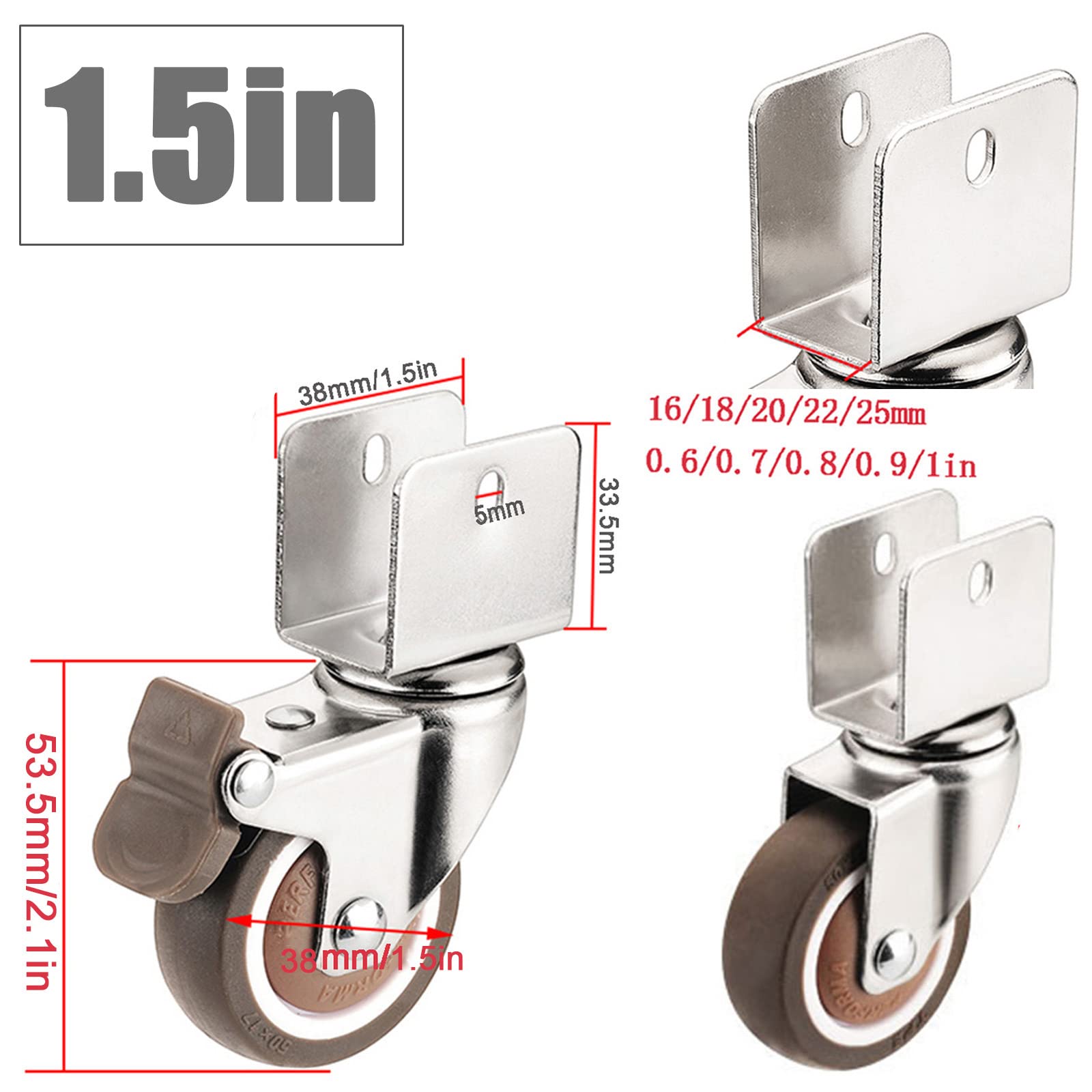 Ciche wózki dziecięce 1,5", 4 sztuki, miękkie gumowe kółka do mebli z hamulcem do stojaków na kwiaty, zapasowe kółka 38 mm zapewniają delikatną mobilność i stabilność